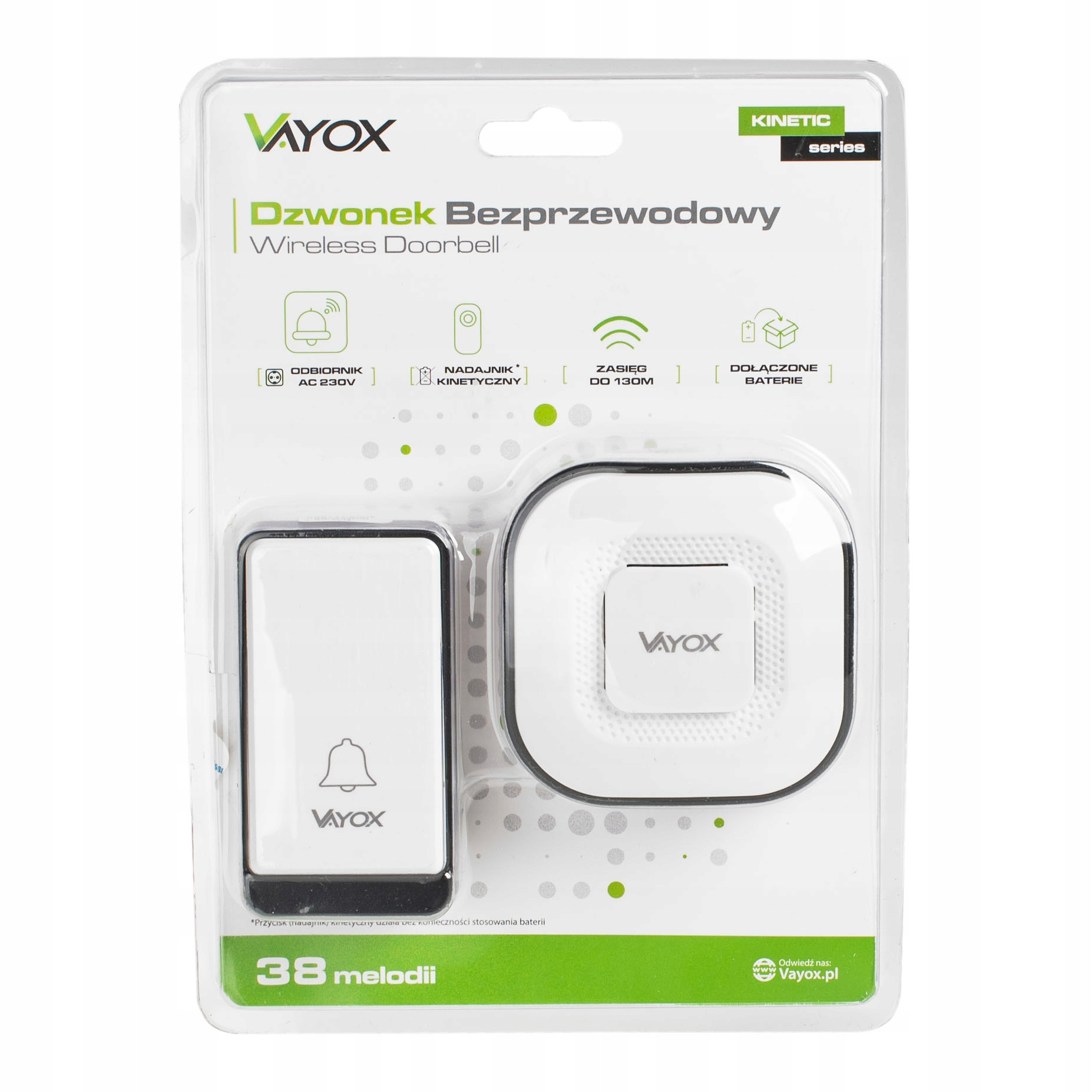 Biały zestaw dzwonka bezprzewodowego z nadajnikiem i odbiornikiem, 38 melodii.