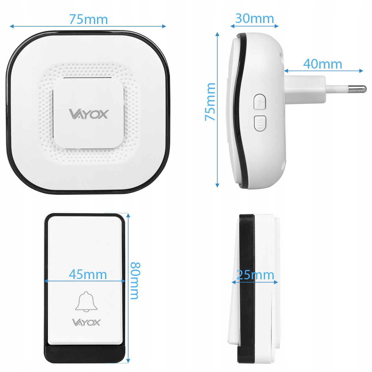 Biały dzwonek do drzwi z wymiarami i logo "Vayox".