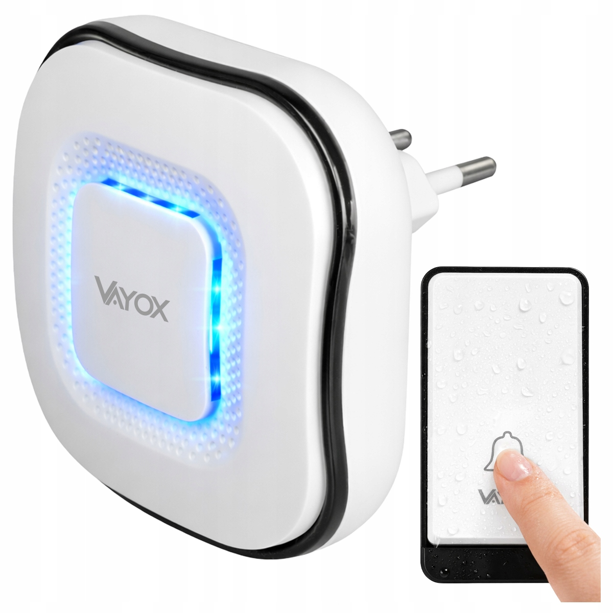 Biały dzwonek bezprzewodowy z niebieskimi światłami i małym ekranem pokazującym ikonę dzwonka.