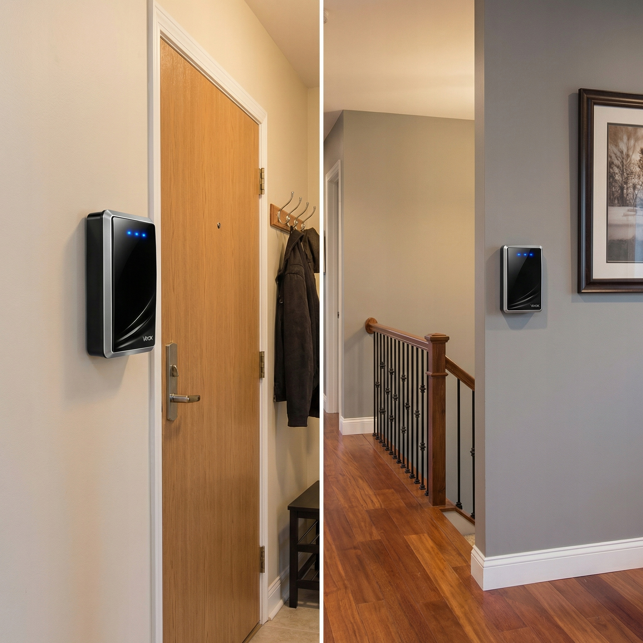 Czarny przyrząd z niebieskimi światłami wisi obok drewnianych drzwi i balustrady schodów.