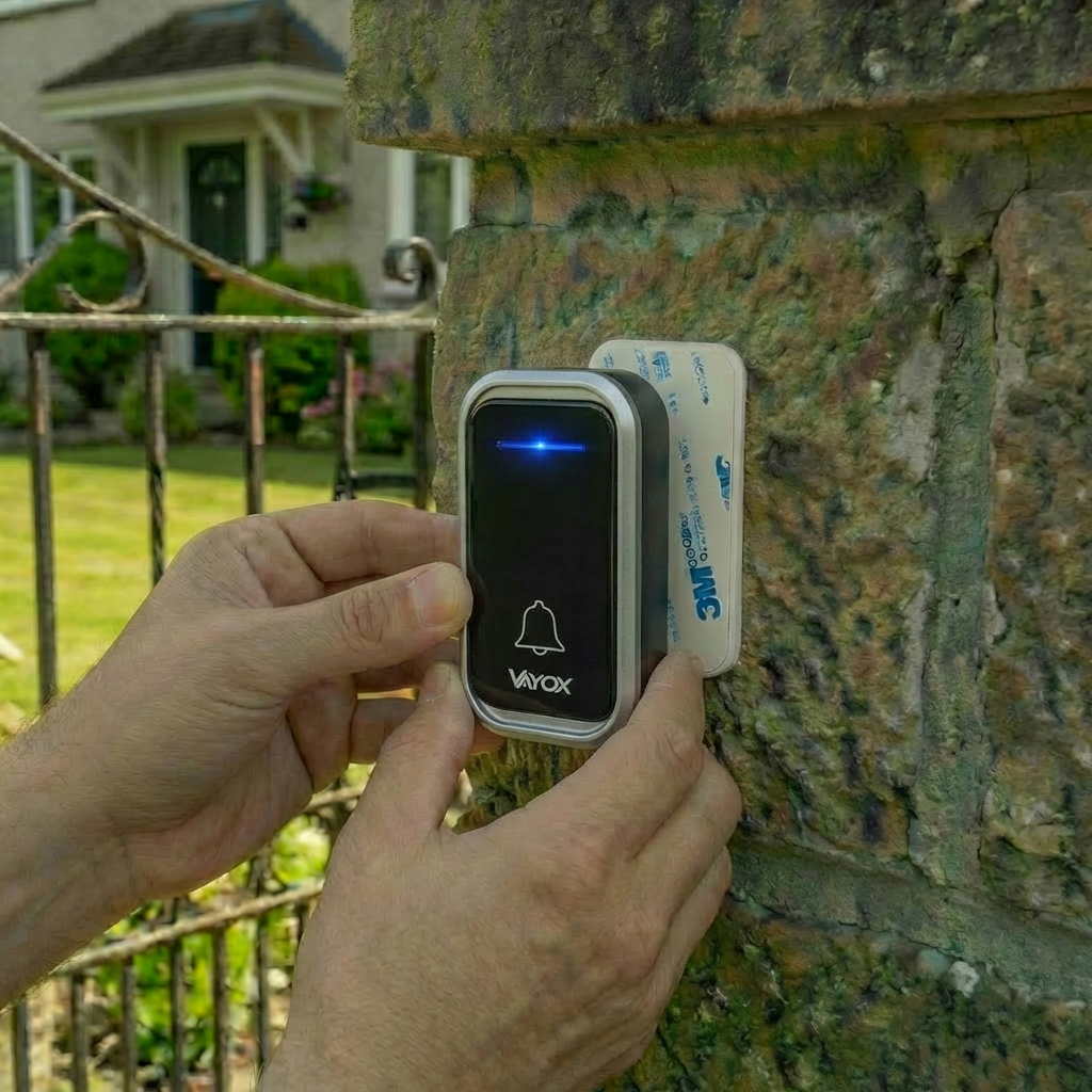 Ręka mocuje dzwonek Vayox do kamiennej kolumny obok bramy.