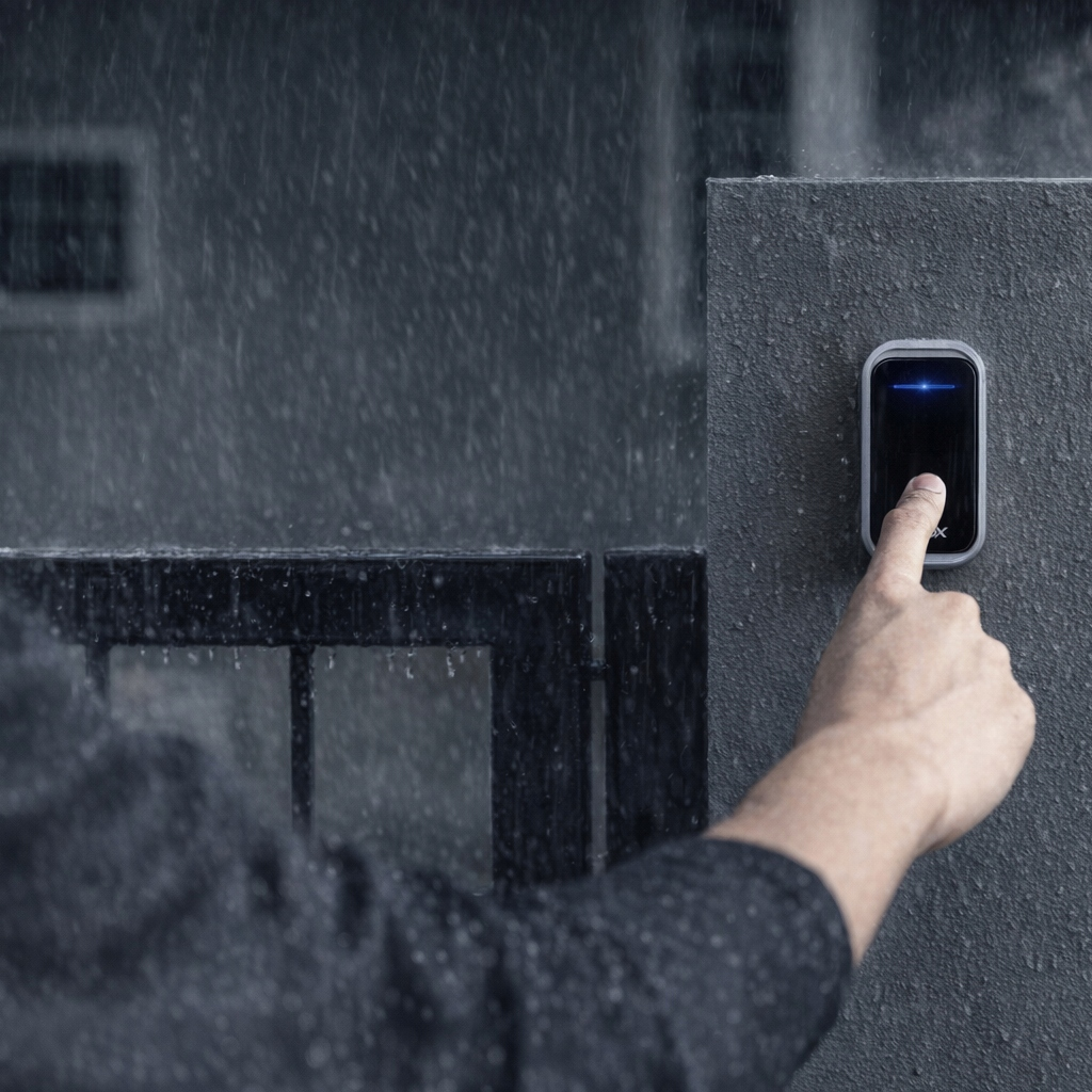 Mężczyzna naciska dzwonek w deszczu. Ciemna scena z bramą i domem w tle.