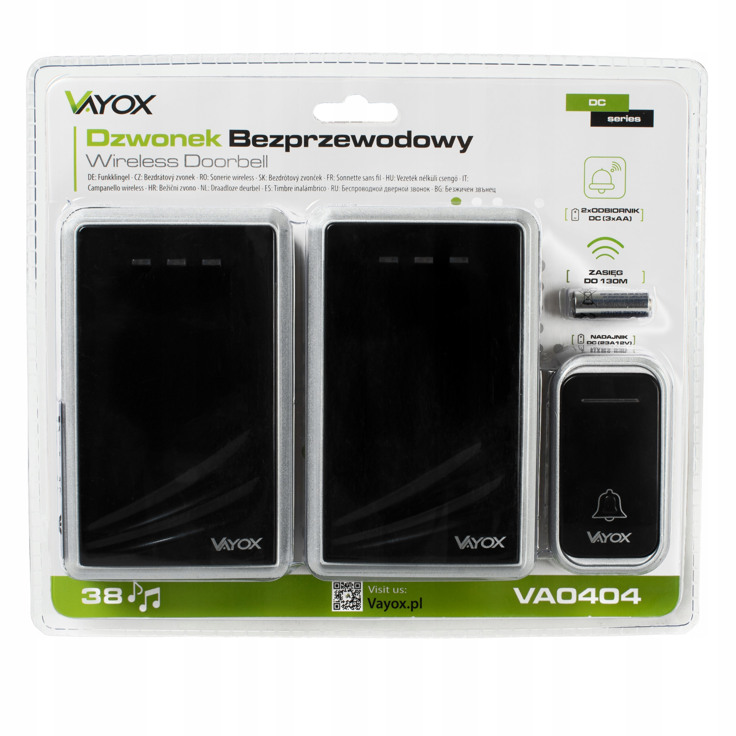 Vayox DC Seria Dzwonek Bezprzewodowy: 2 odbiorniki, 1 nadajnik, 38 melodii, 130m.