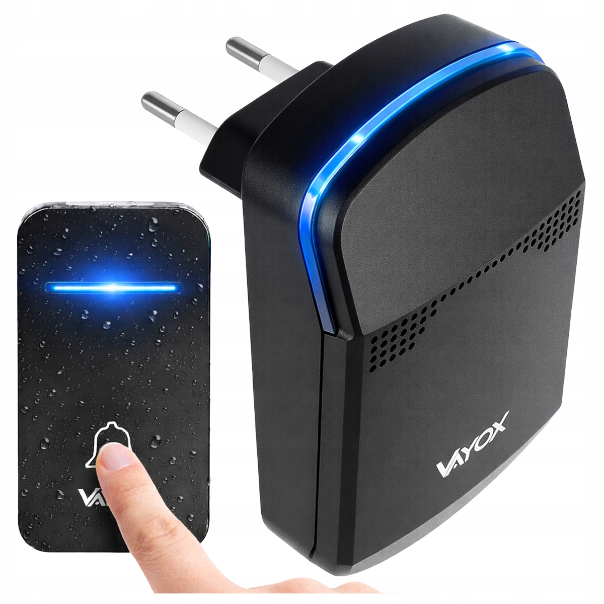 Czarny nadajnik dzwonka do drzwi z niebieską diodą LED i odbiornikiem.