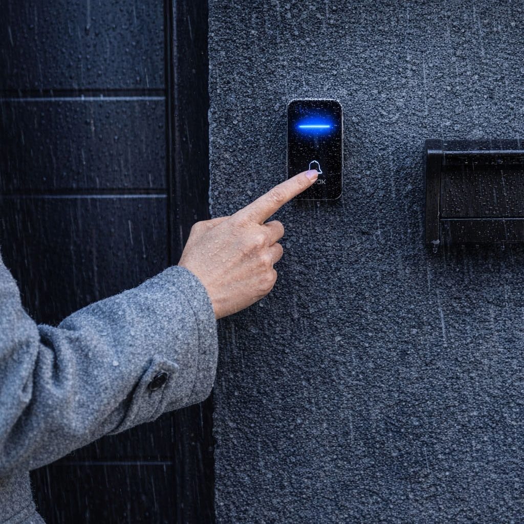 Ręka naciska podświetlany dzwonek do drzwi w deszczu.