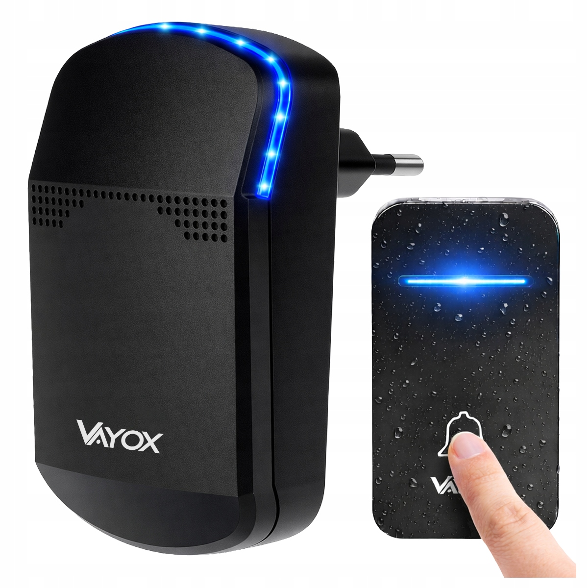 Czarny nadajnik dzwonka do drzwi z niebieskim światłem i palcem naciskającym przycisk.