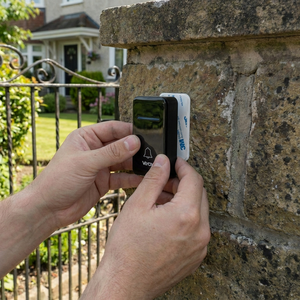 Dłonie mocują czarny panel dzwonka do kamiennego muru obok bramy.