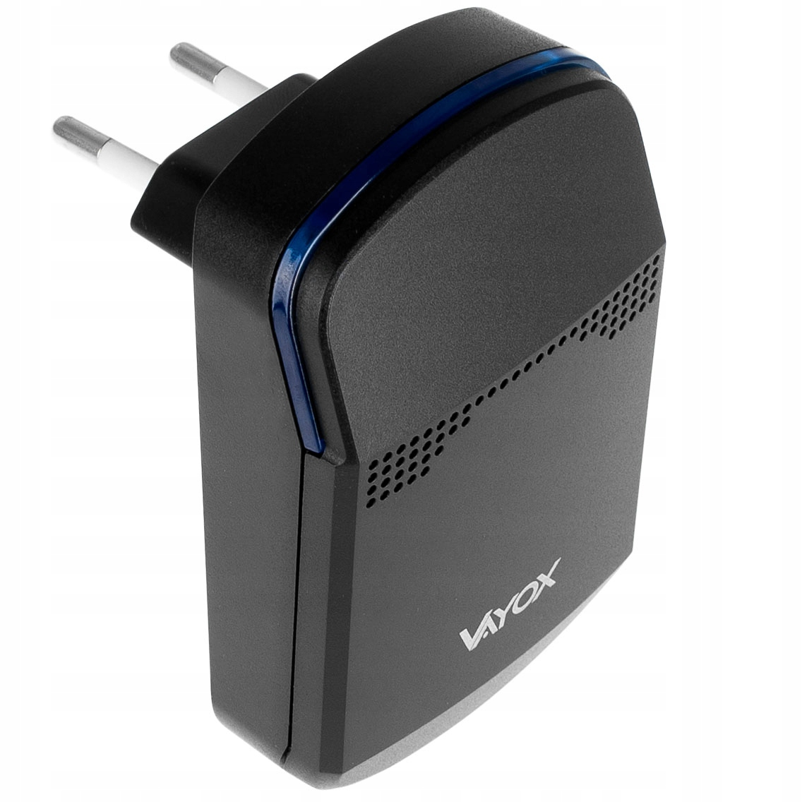 Czarny zasilacz Vayox z otworami wentylacyjnymi i niebieskim paskiem.
