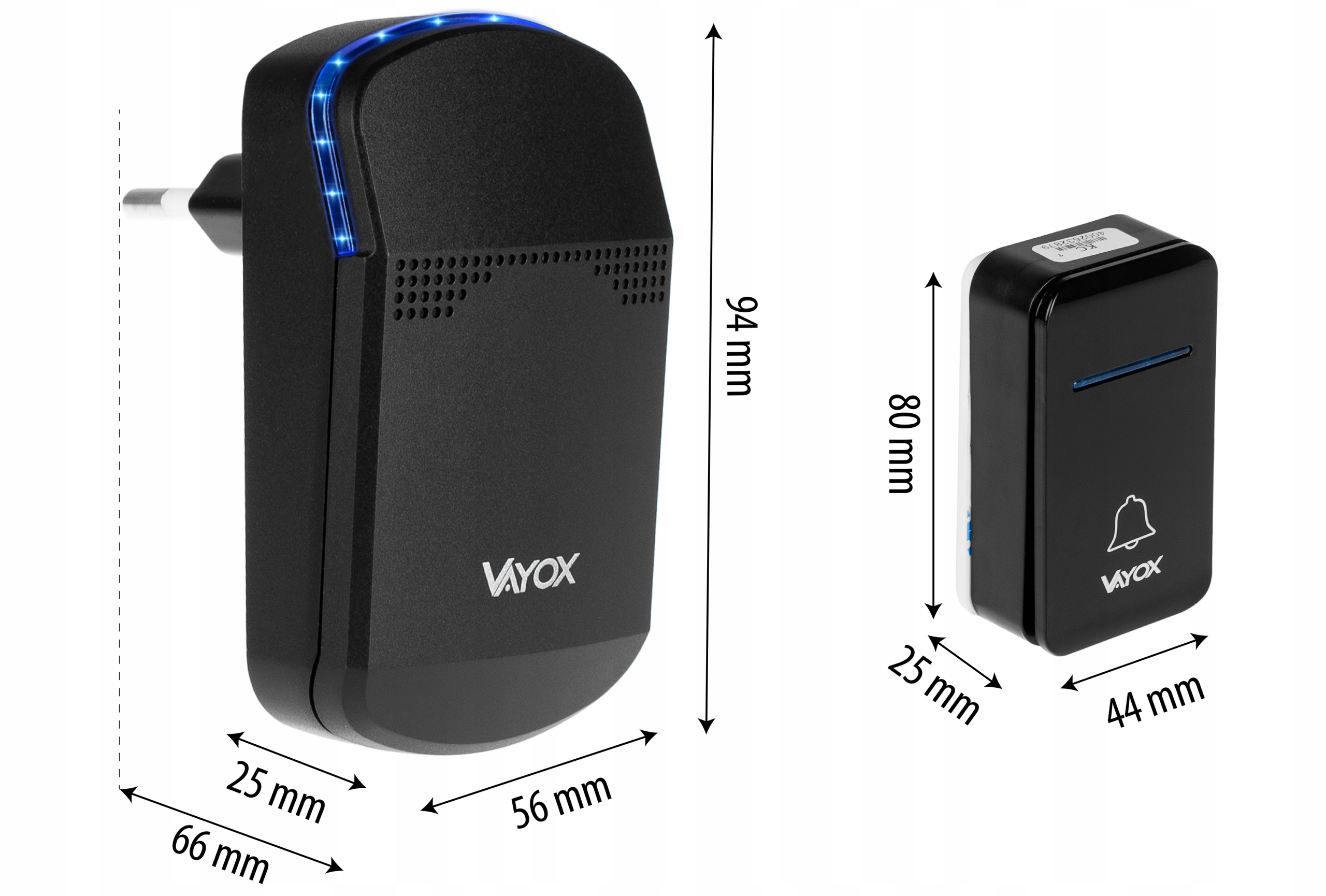 Czarny nadajnik dzwonka bezprzewodowego z logo Vayox i niebieską diodą.