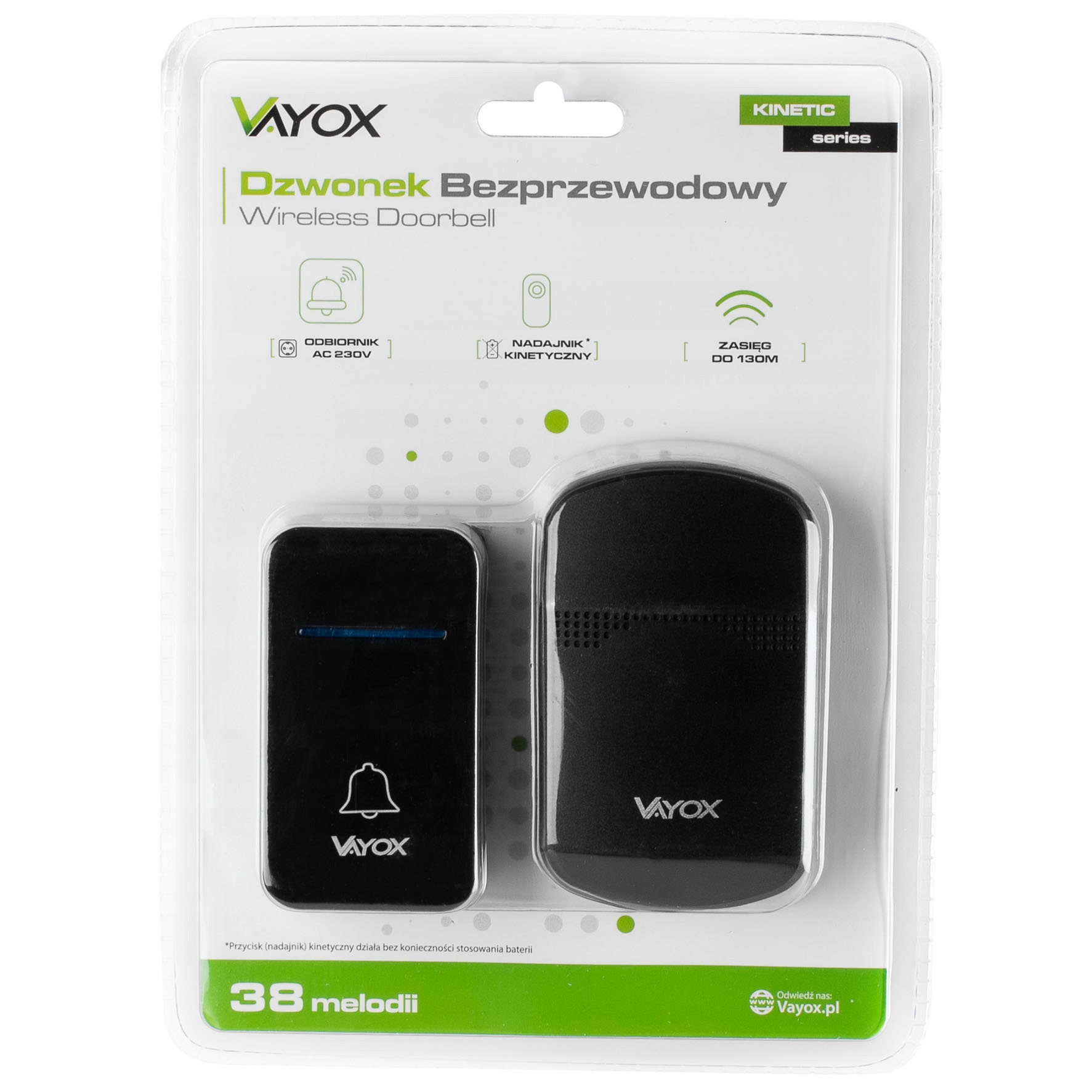 Zestaw bezprzewodowej dzwonka Vayox z nadajnikiem i odbiornikiem w opak.