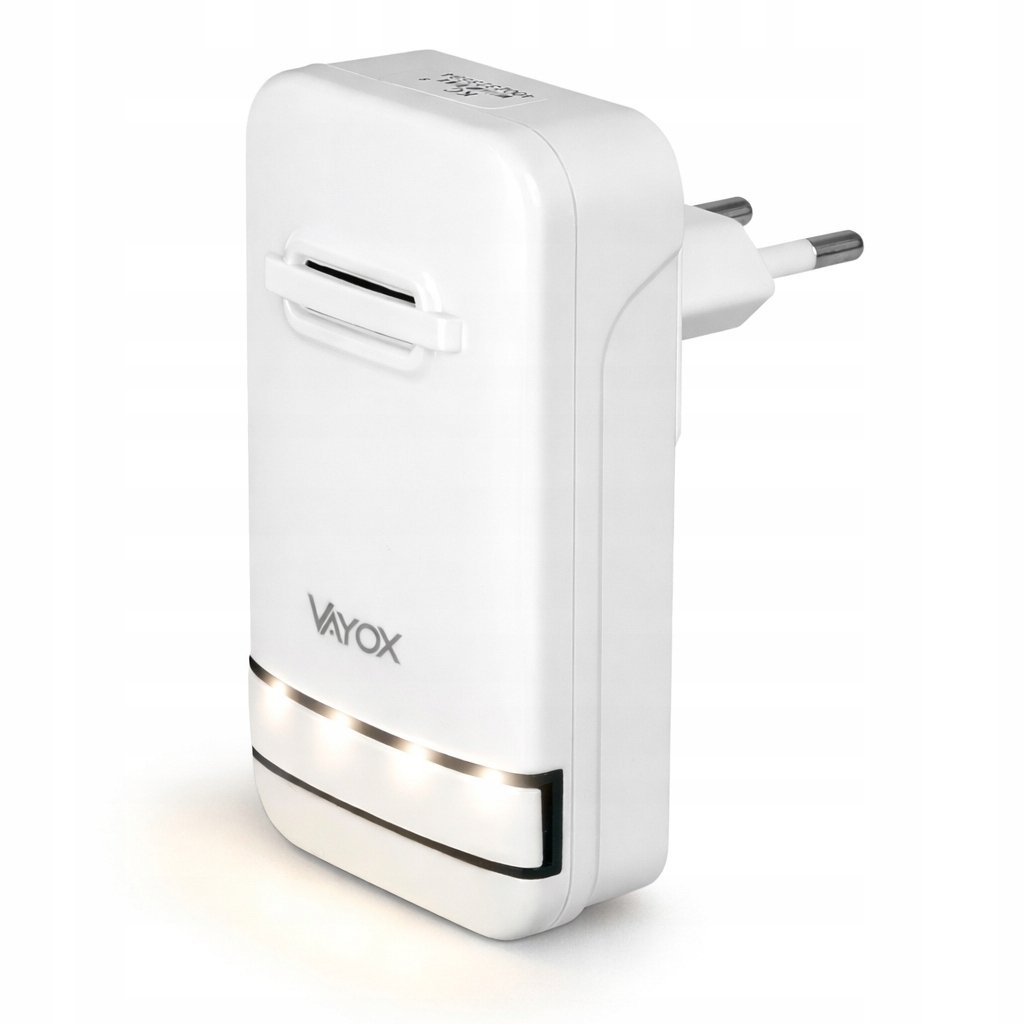 Biała wtyczka Vayox z lampkami i szczeliną.