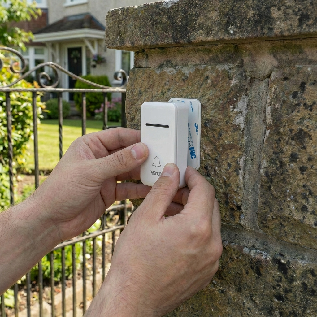 Biały dzwonek do drzwi jest przyklejany do kamiennego muru taśmą 3M.