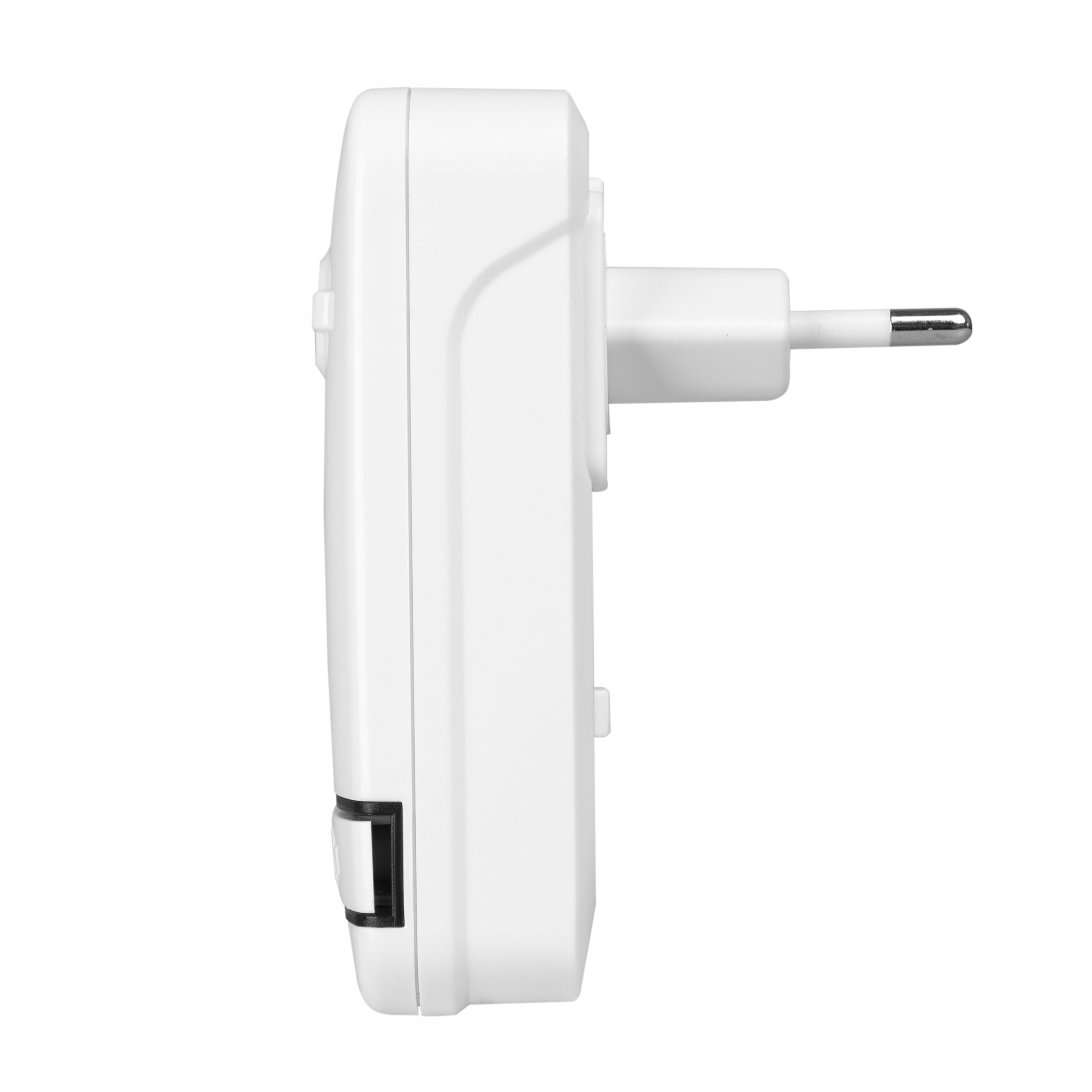 Biała wtyczka ze srebrnymi bolcami i czarnym przełącznikiem.