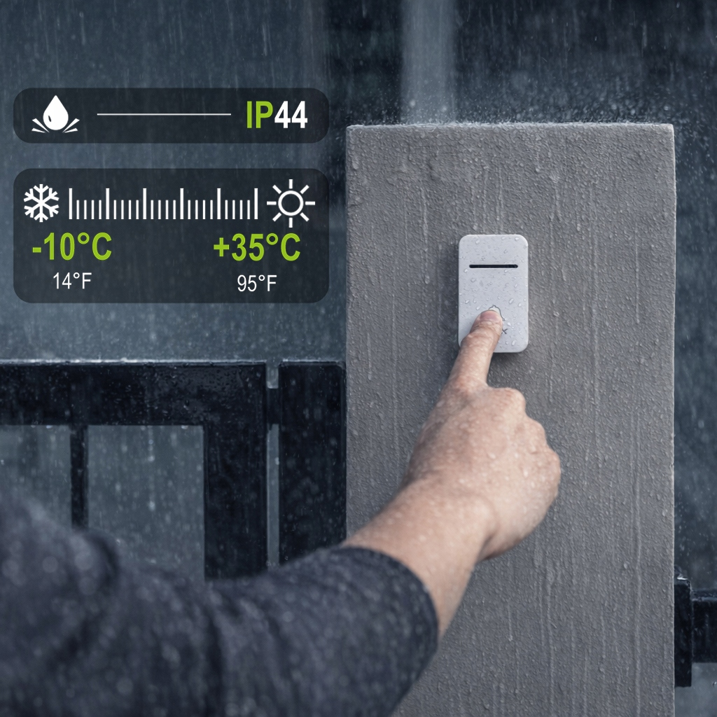 Palec naciska biały dzwonek do drzwi w deszczu, pokazując klasę IP44 i zakres temp.