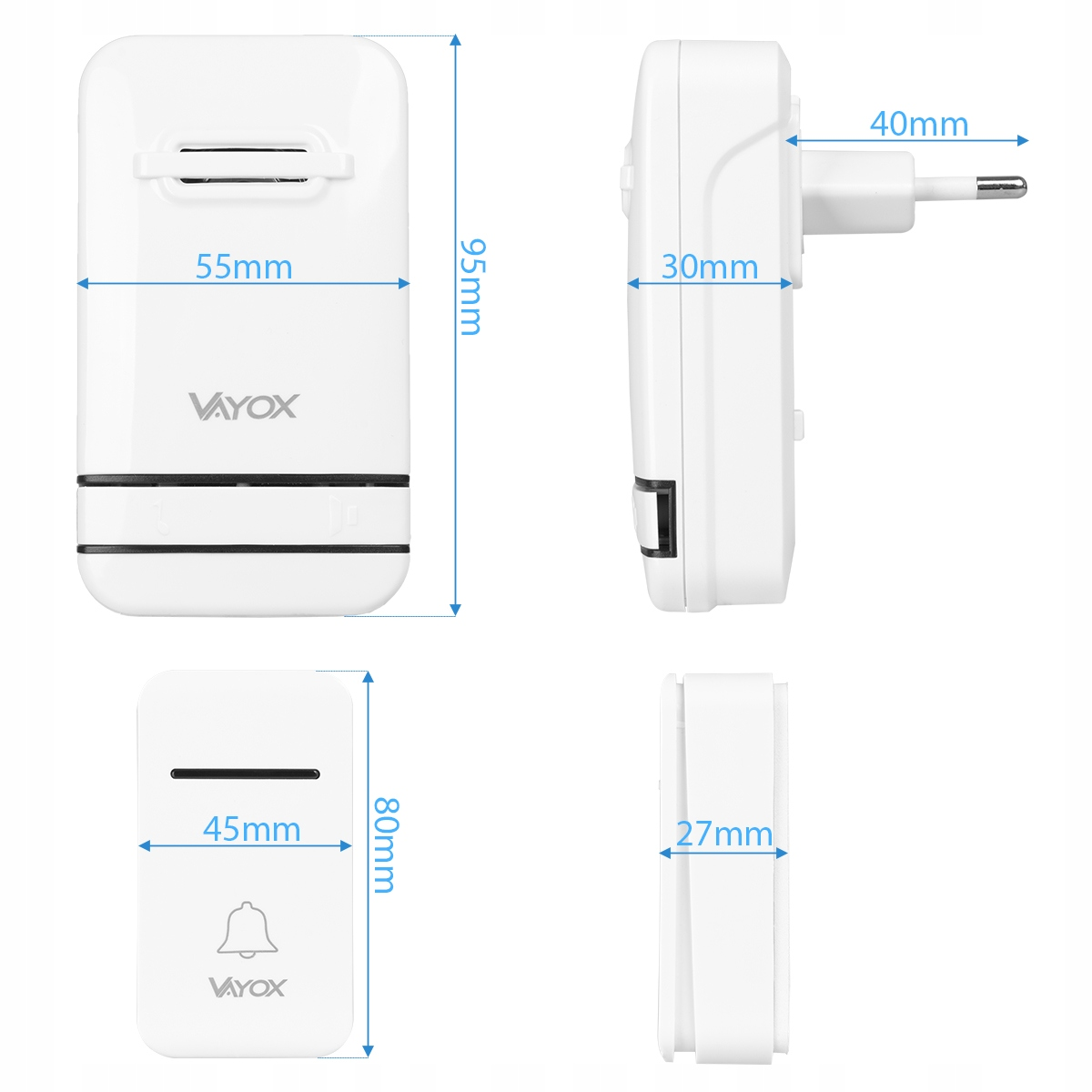 Biały dzwonek do drzwi z wymiarami: 55x95mm i 45x80mm. Wtyczka 40x30mm.