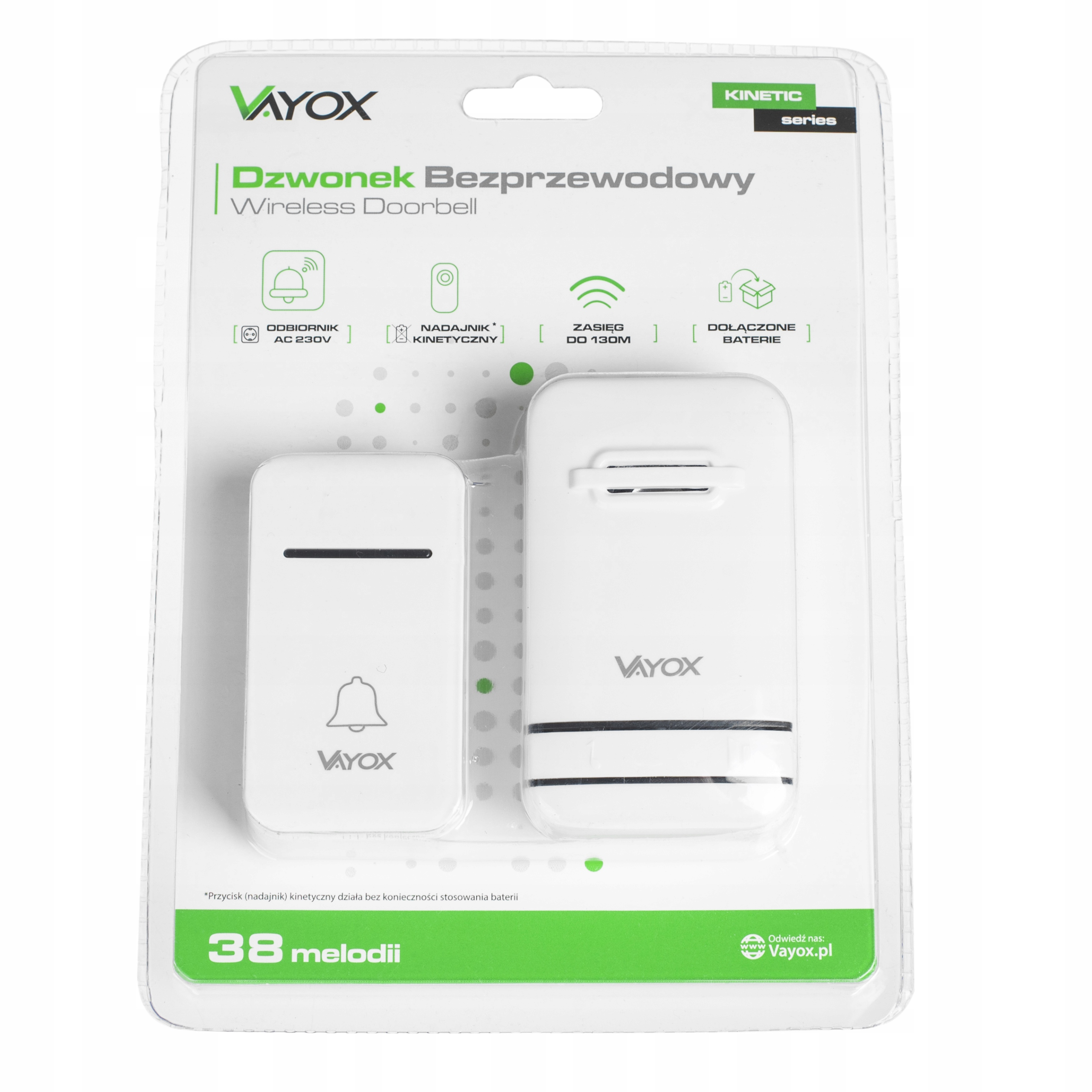 Zestaw bezprzewodowego dzwonka Vayox z odbiornikiem i nadajnikiem w opak.