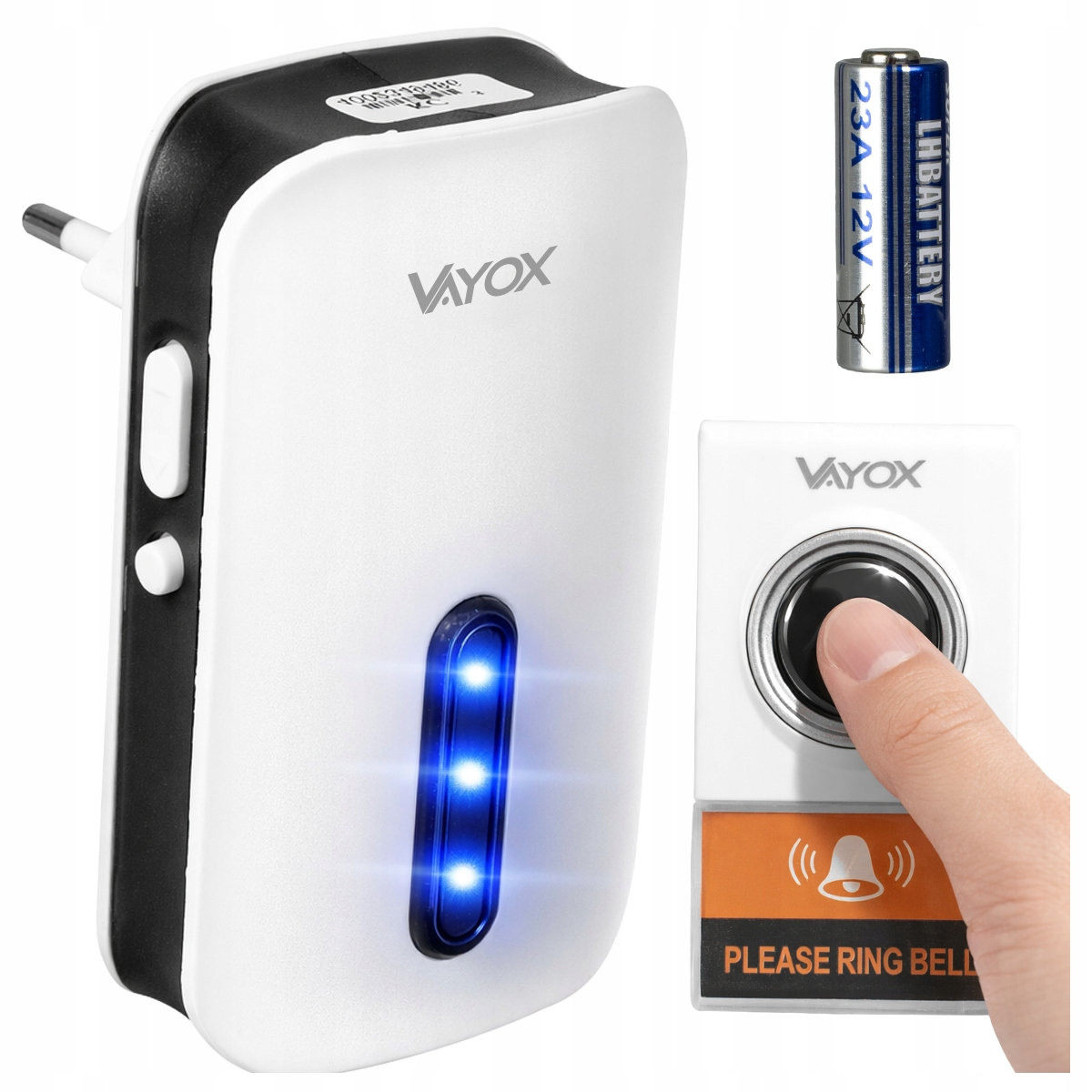 Biały nadajnik dzwonka Vayox z niebieskimi światłami, baterią 12V i przyciskiem.