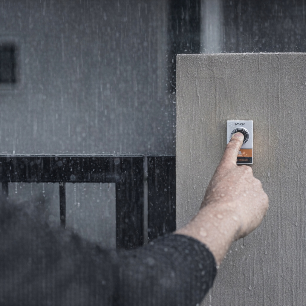 Ręka naciska dzwonek do drzwi w deszczu, pokryty wodą.