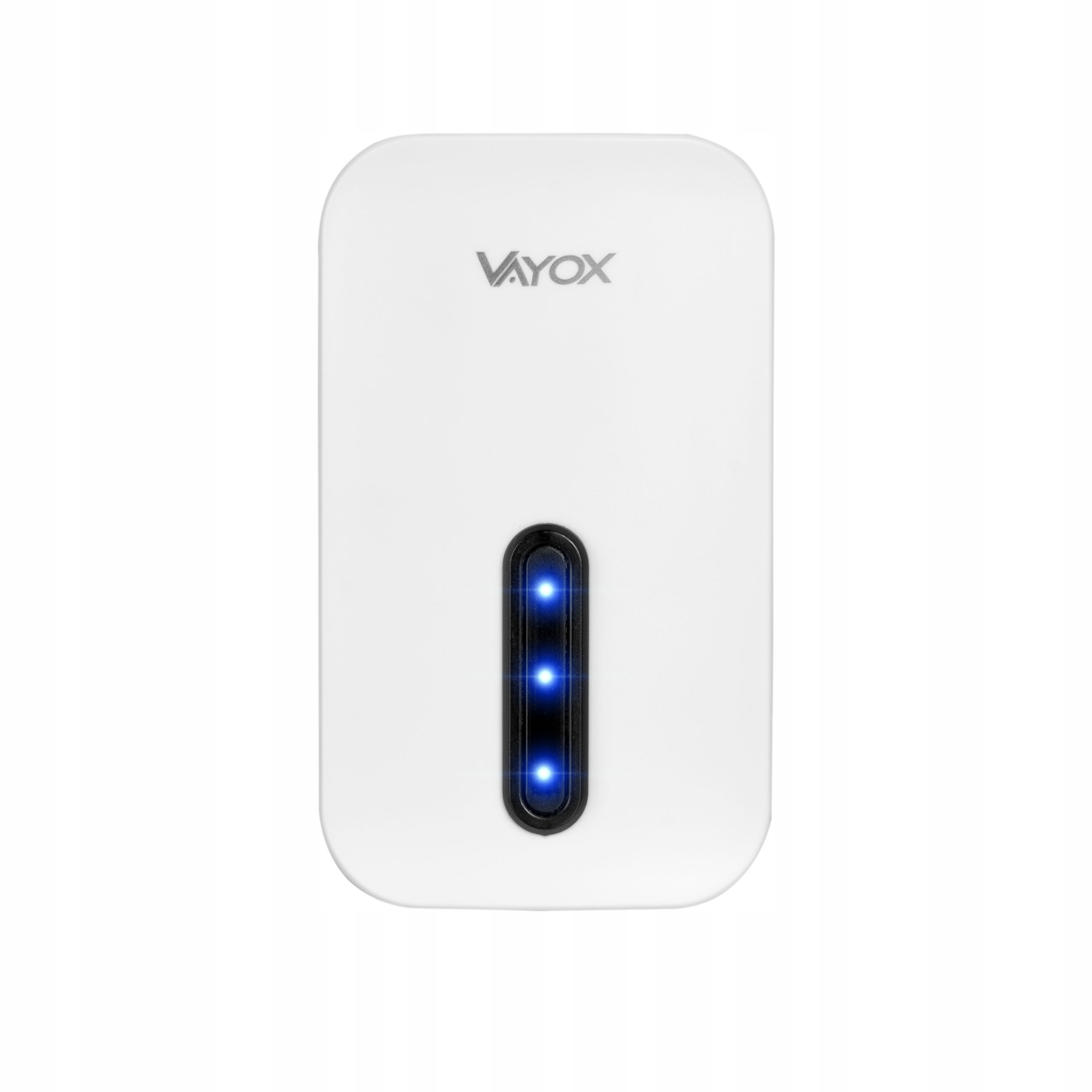 Białe urządzenie z logo Vayox i trzema niebieskimi światłami.