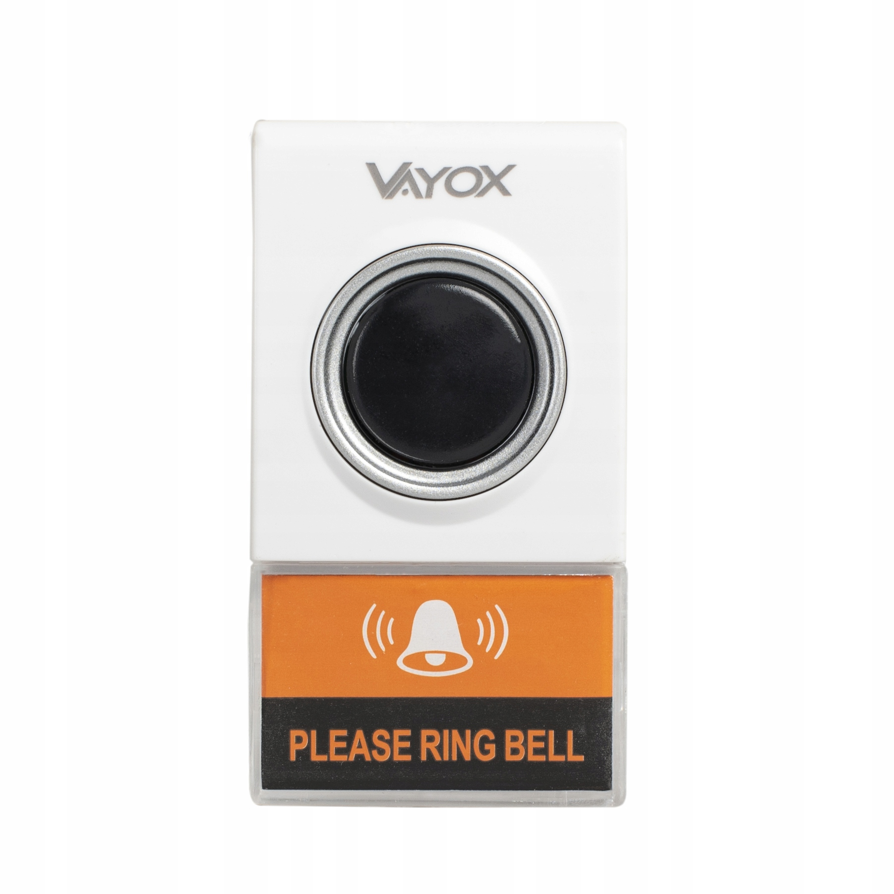 Biały dzwonek do drzwi z czarnym przyciskiem i napisem „Proszę dzwonić” na pomarańczowym.