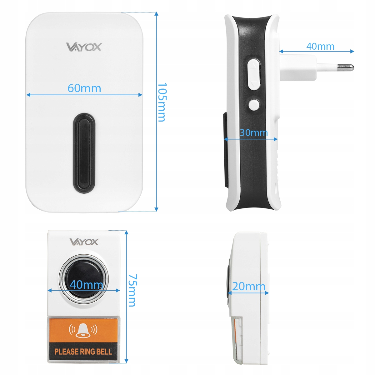Dzwonek Vayox o wymiarach: 105x60x30mm. Przycisk 40mm. Wtyczka 40mm.