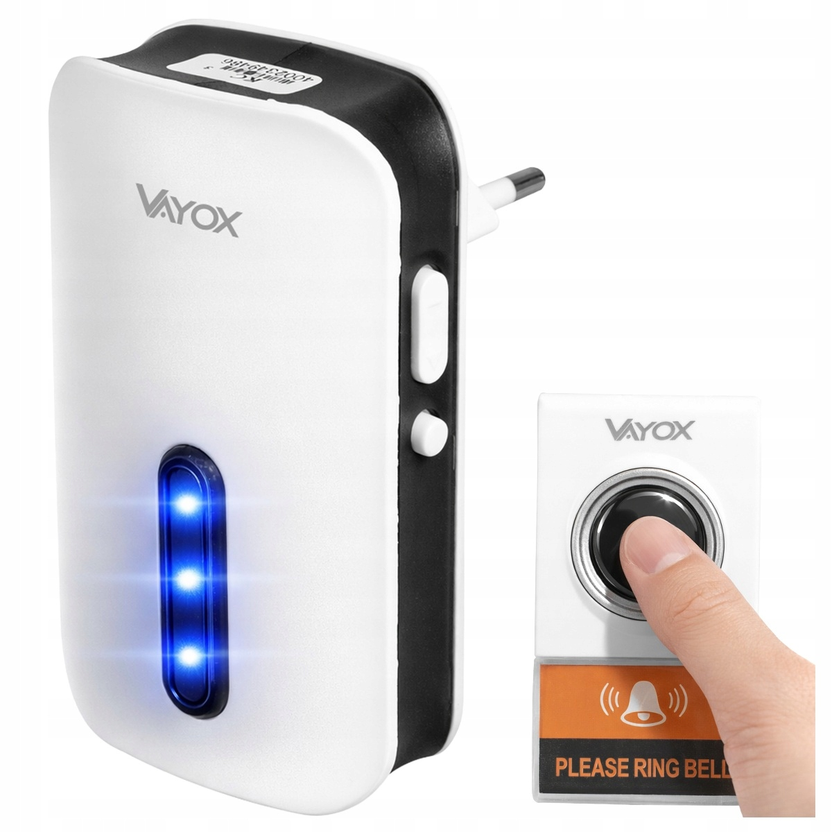 Biały nadajnik dzwonka bezprzewodowego z trzema niebieskimi diodami LED i białym przyciskiem.