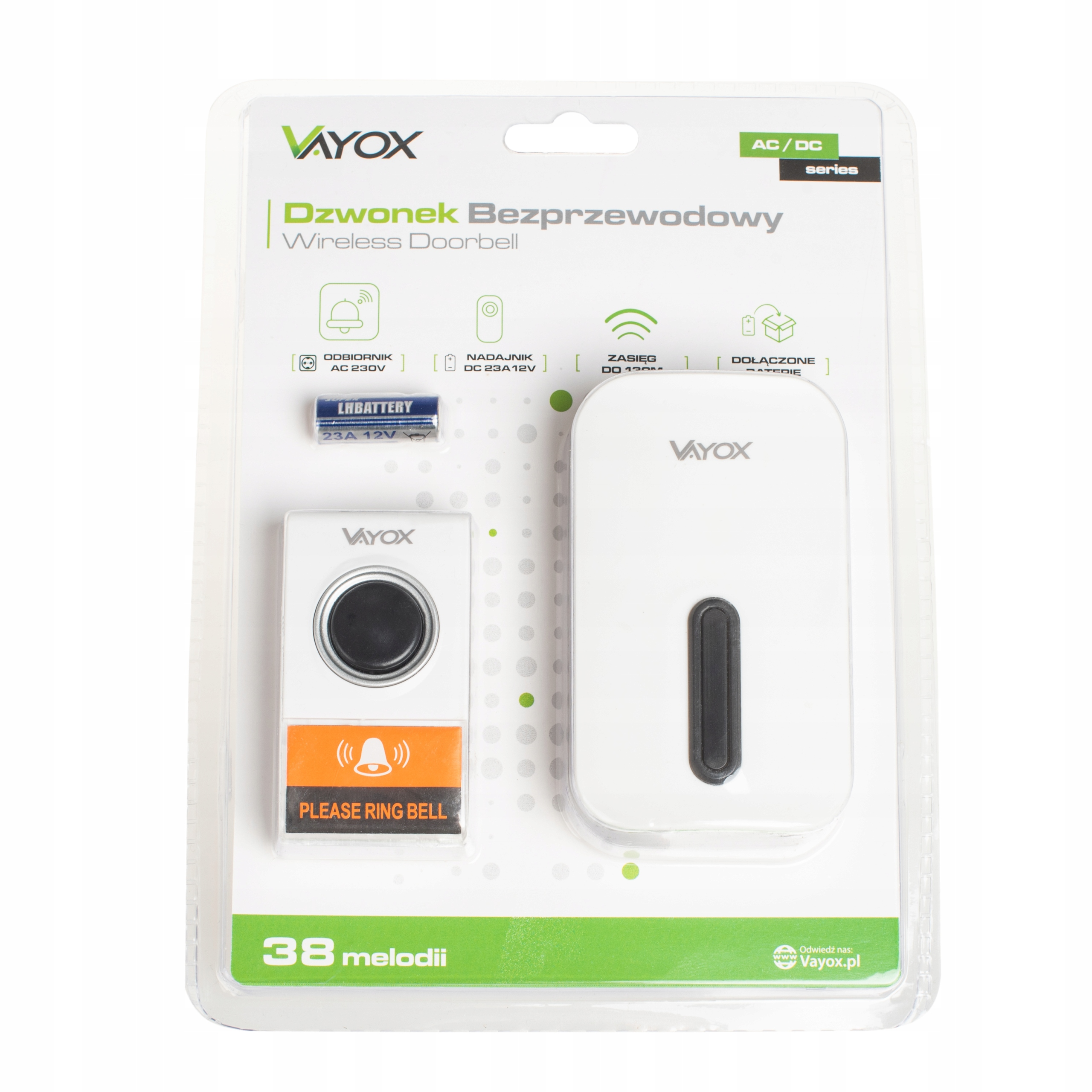 Zestaw dzwonka bezprzewodowego Vayox z nadajnikiem, odbiornikiem i baterią.