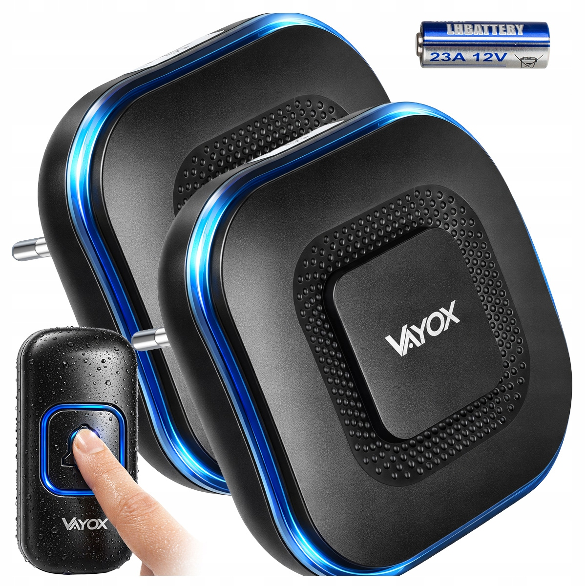 Dwa czarne dzwonki bezprzewodowe z niebieskimi akcentami i baterią.