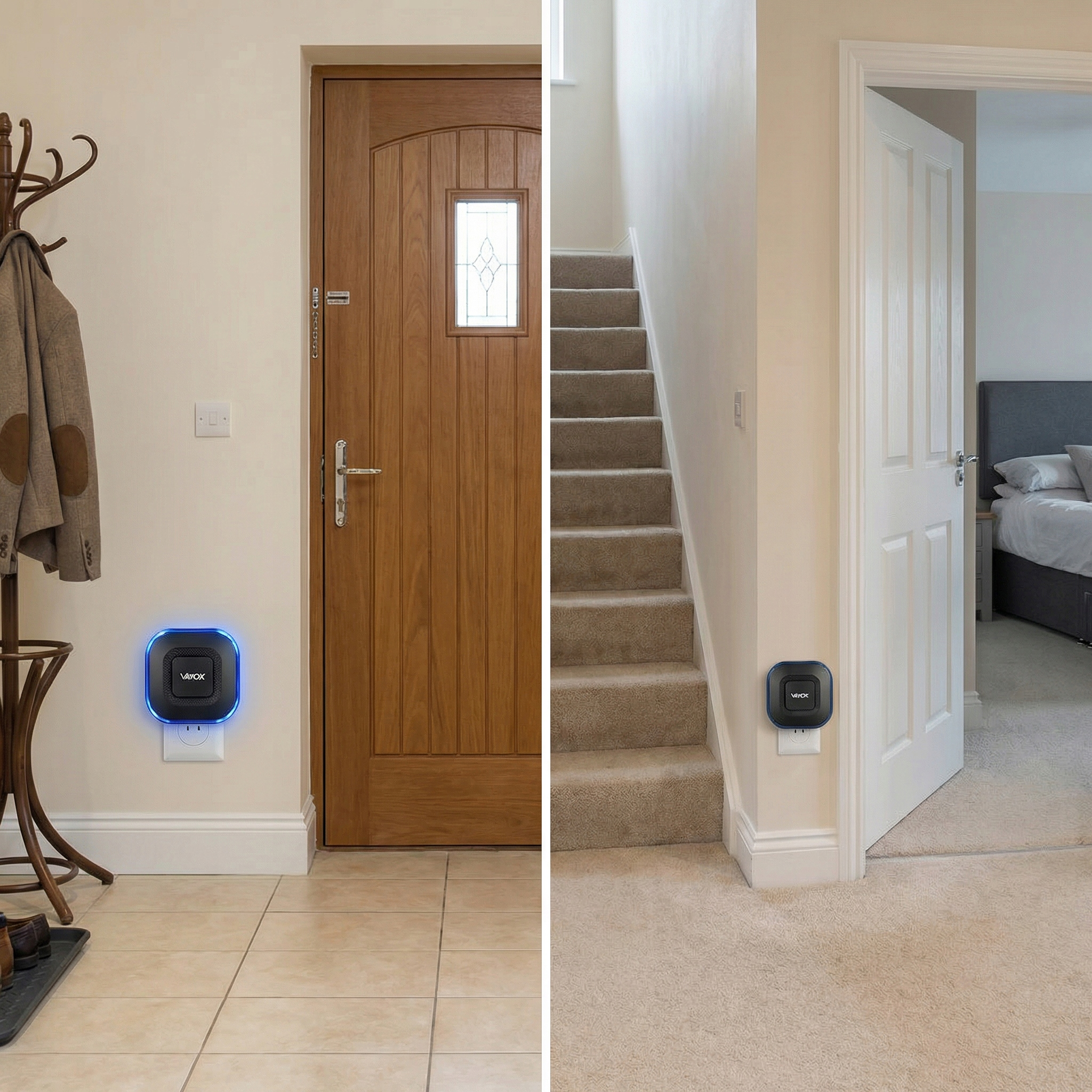 Czarny Vayox z niebieskim podświetleniem na ścianie obok schodów i sypialni.