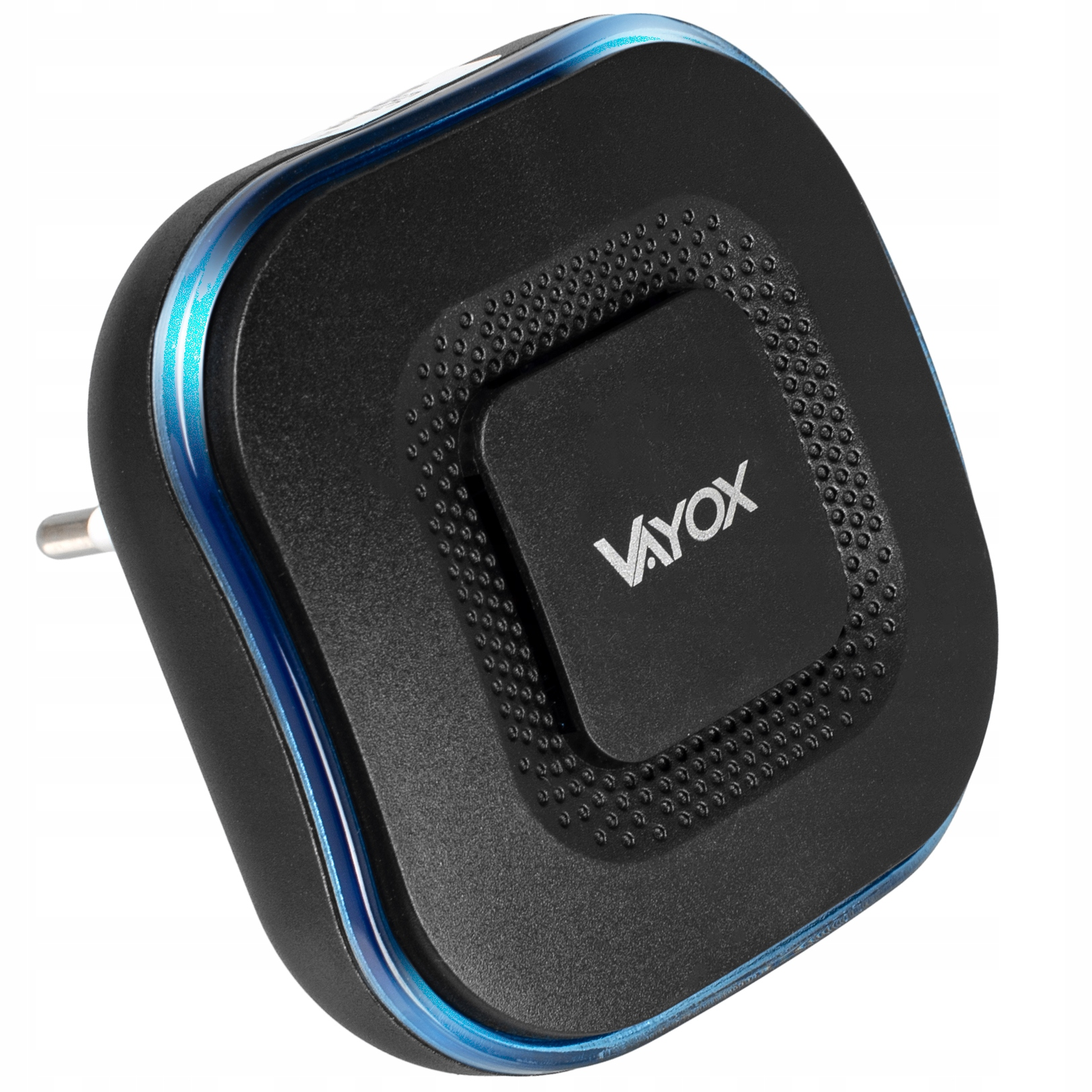 Czarny gadżet VAYOX z niebieskim podświetleniem i wtyczką.
