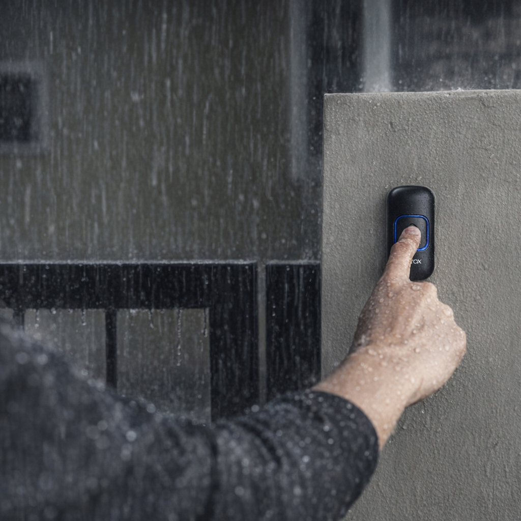 Palec naciska dzwonek do drzwi podczas deszczu.