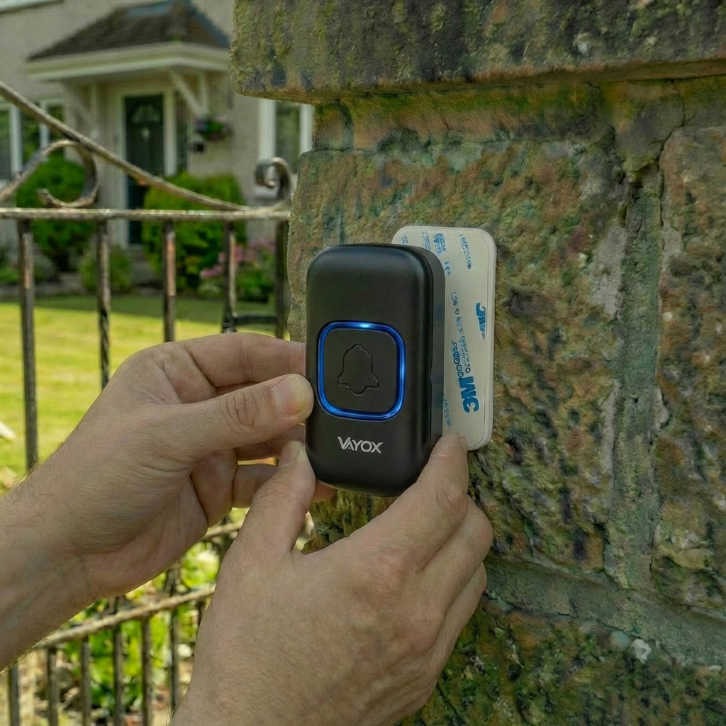 Czarny przycisk dzwonka z niebieskim pierścieniem świetlnym przymocowany do kamiennej ściany.