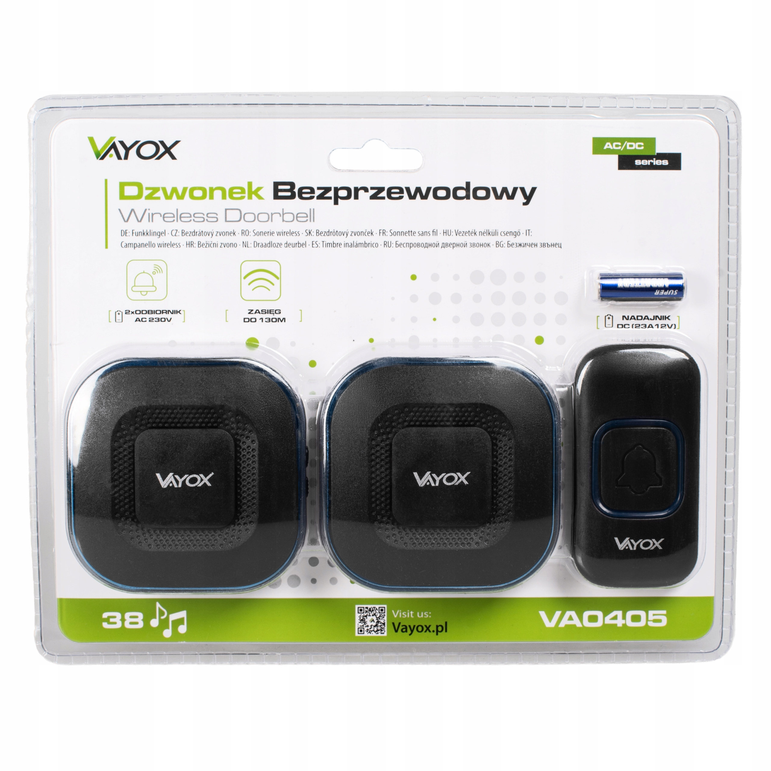 Zestaw dzwonka bezprzewodowego Vayox z nadajnikiem i odbiornikiem, czarny.