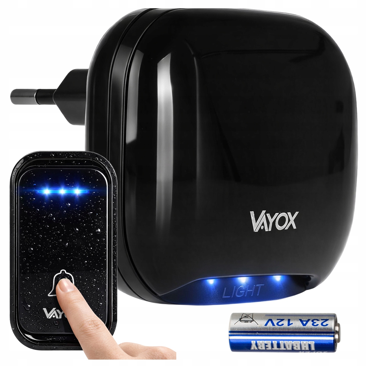 Czarny dzwonek bezprzewodowy: nadajnik z ikoną dzwonka, odbiornik ze światłem.