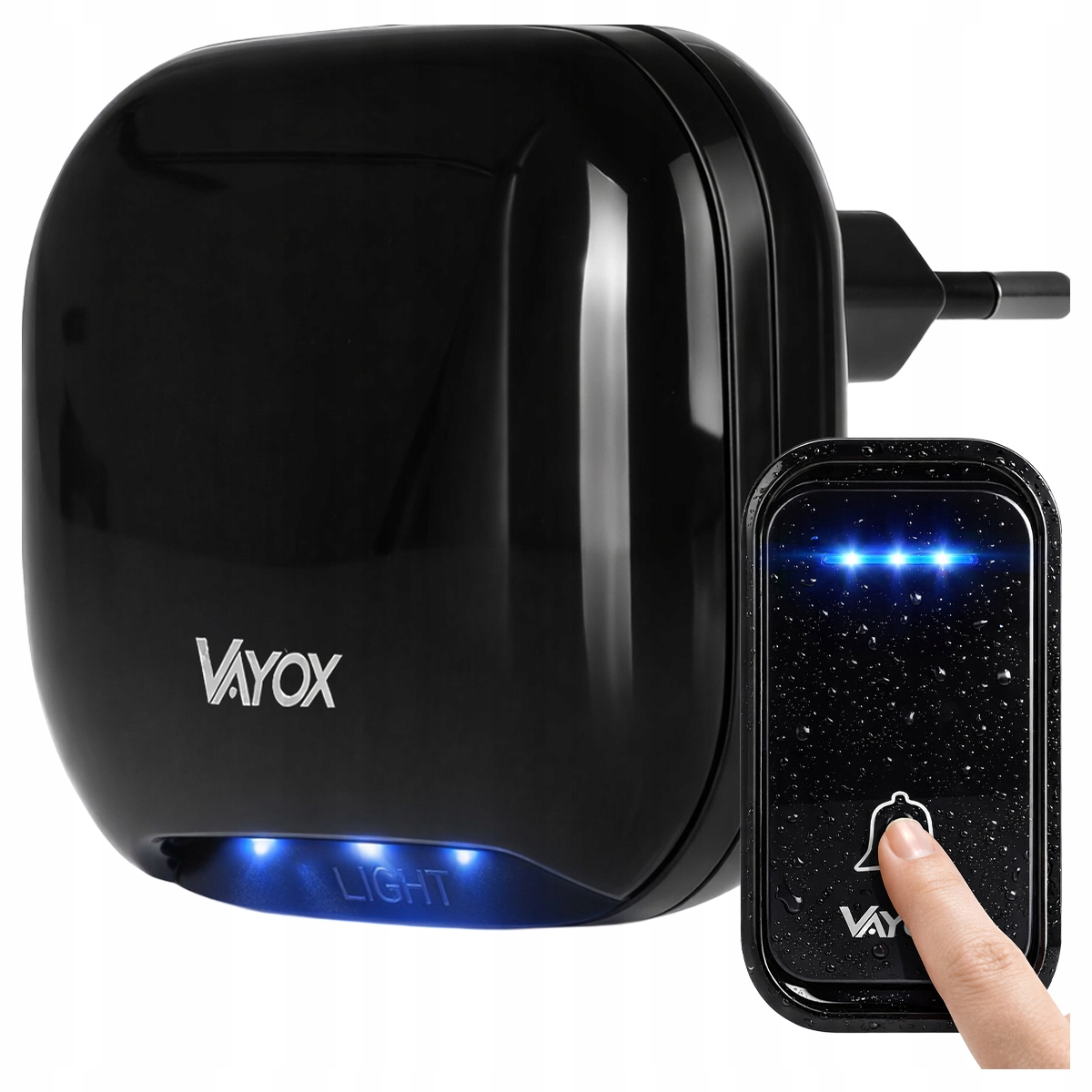 Czarny nadajnik dzwonka Vayox z niebieskim światłem i ikoną dzwonka.
