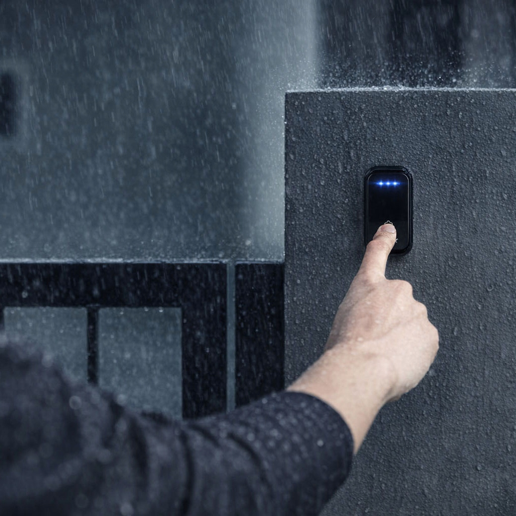 Palec naciska dzwonek w ulewnym deszczu.