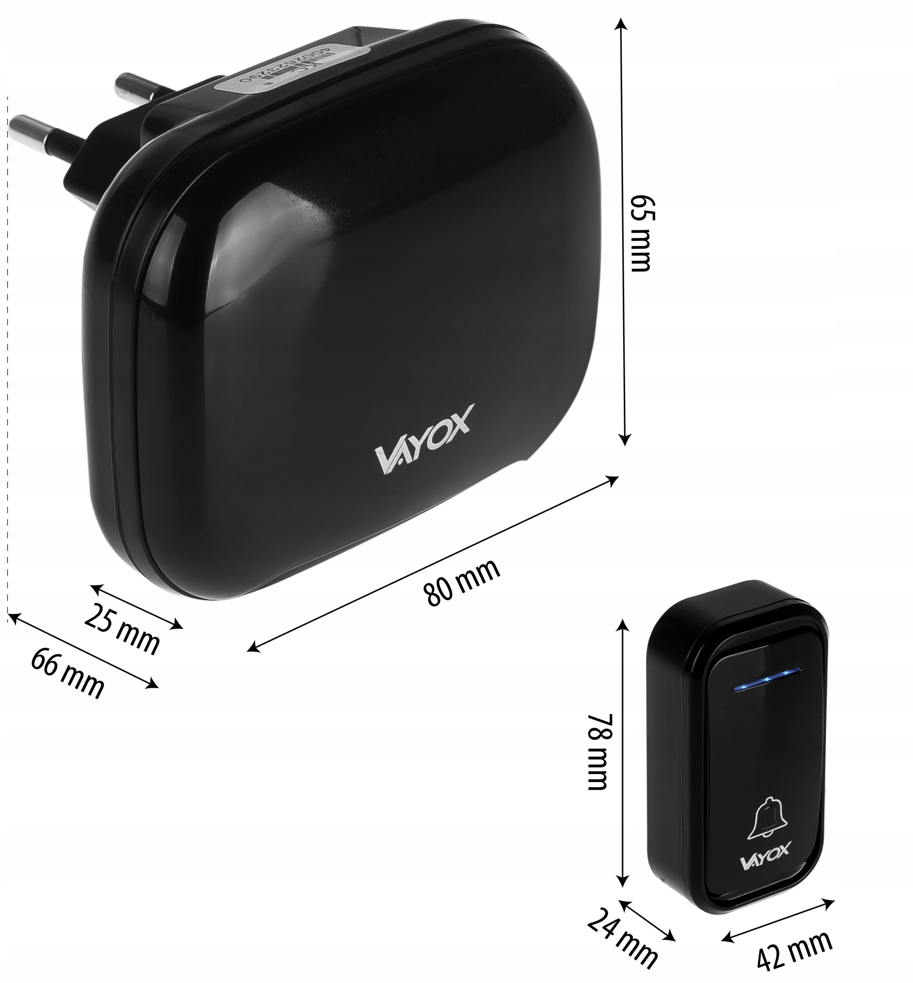 Czarny nadajnik i odbiornik dzwonka bezprzewodowego z wymiarami.