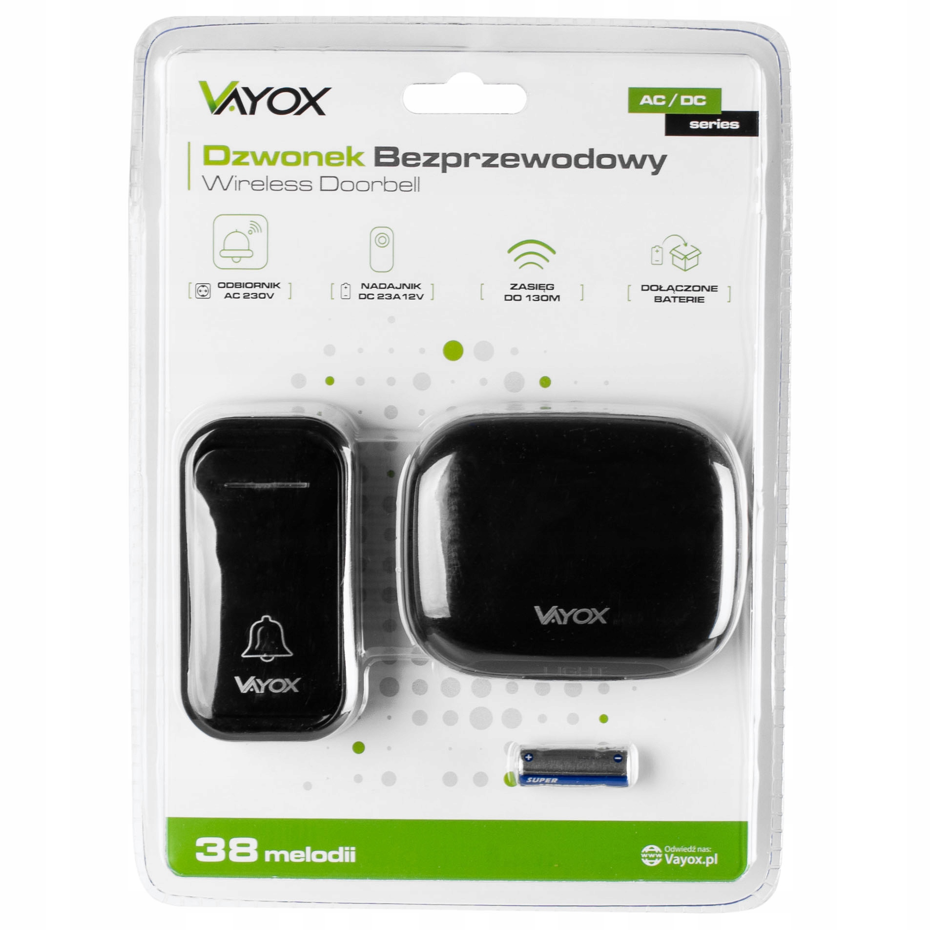 Zestaw dzwonka bezprzewodowego Vayox z nadajnikiem, odbiornikiem i baterią.