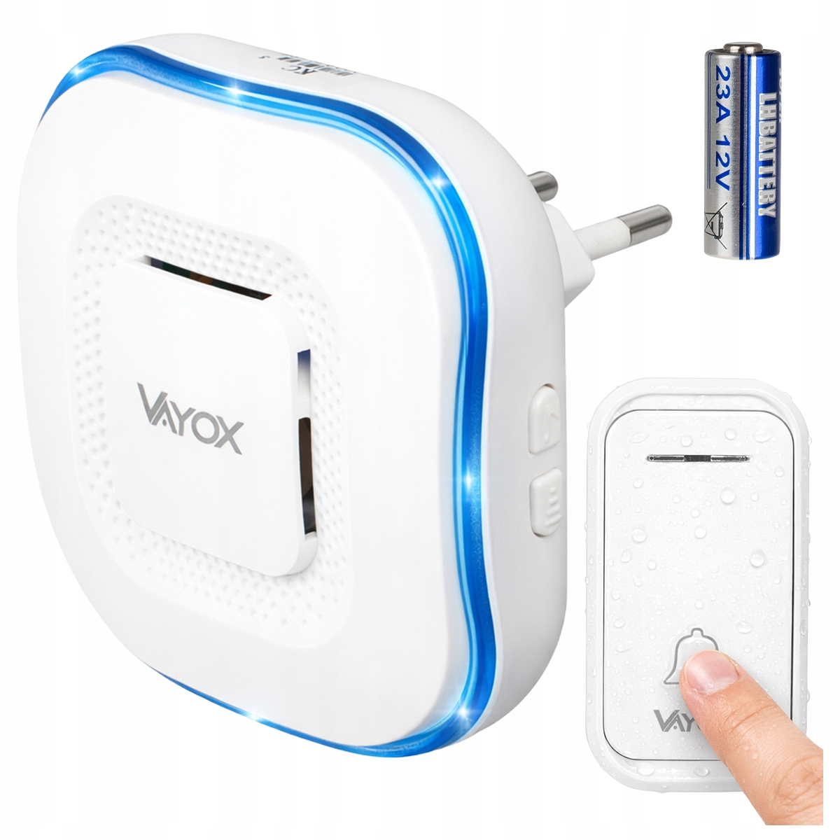 Biały dzwonek bezprzewodowy z niebieskimi akcentami, przycisk nadajnika i bateria.