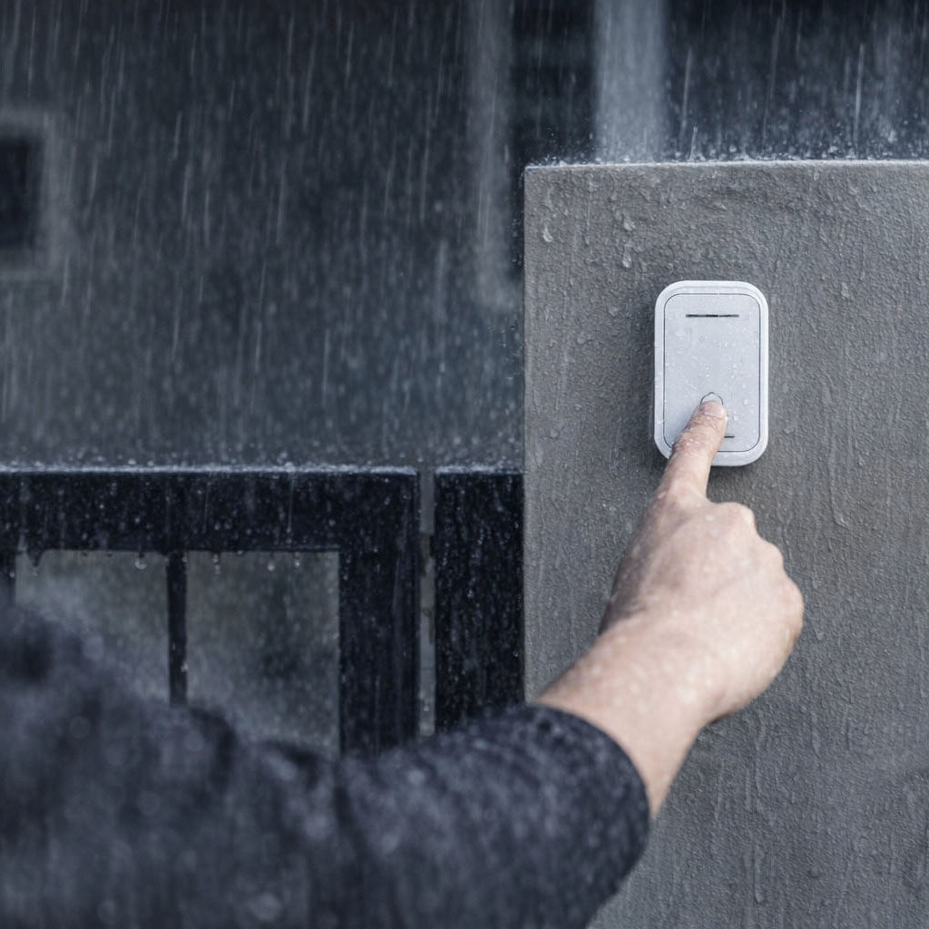 Ręka naciska biały dzwonek na szarej ścianie podczas deszczu.