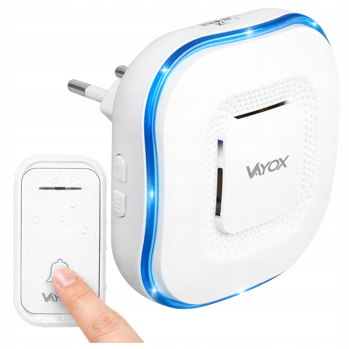 Biały, wodoodporny przycisk dzwonka z ikoną dzwonka jest naciskany.