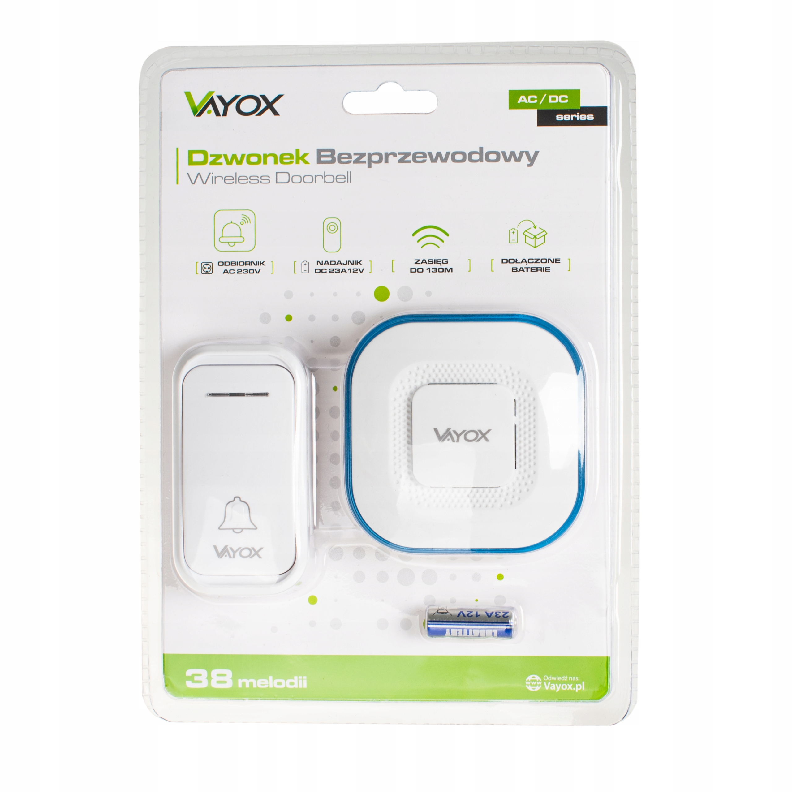 Zestaw bezprzewodowego dzwonka Vayox w opakowaniu z nadajnikiem i odbiornikiem.