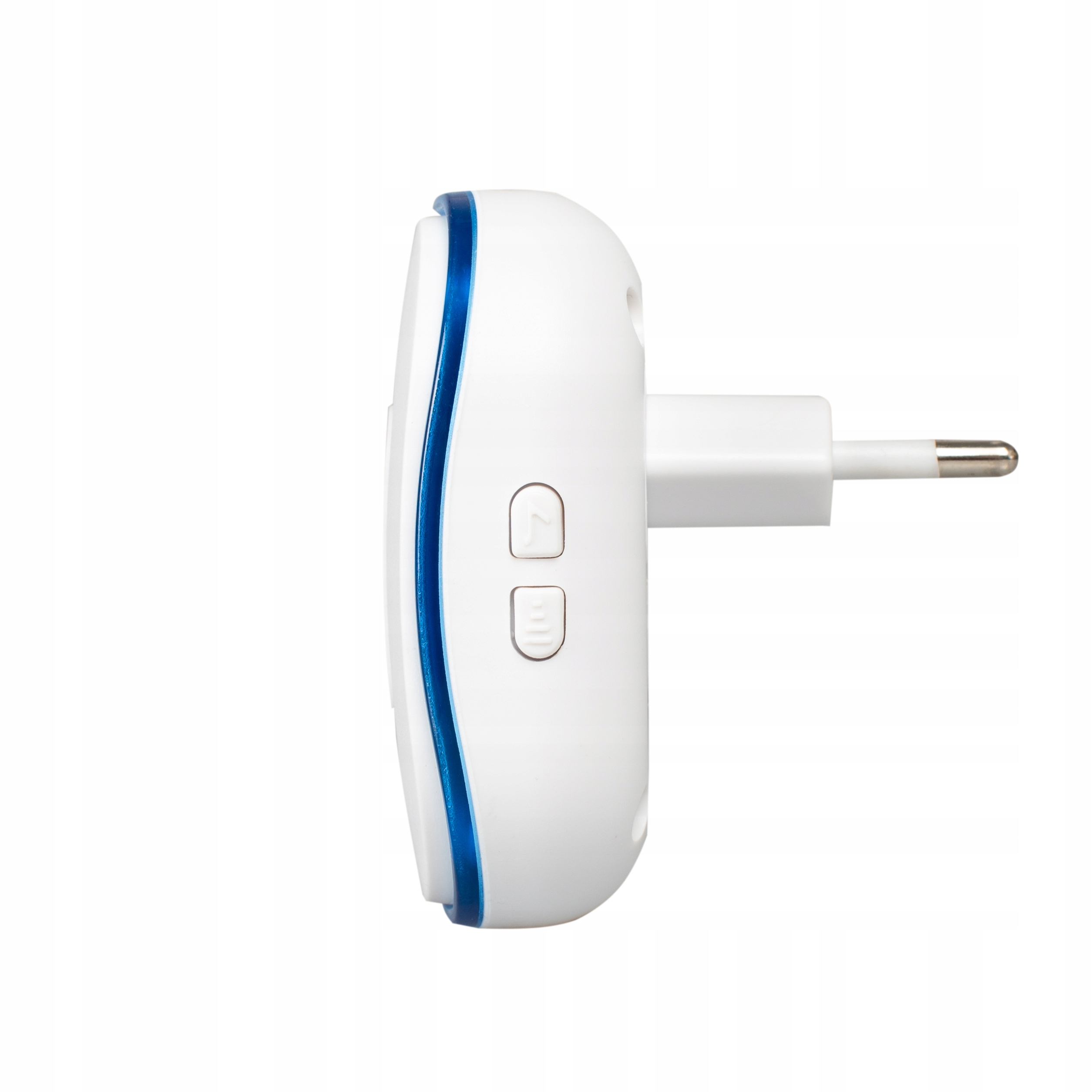 Biały dzwonek bezprzewodowy z niebieskimi akcentami i dwoma przyciskami.