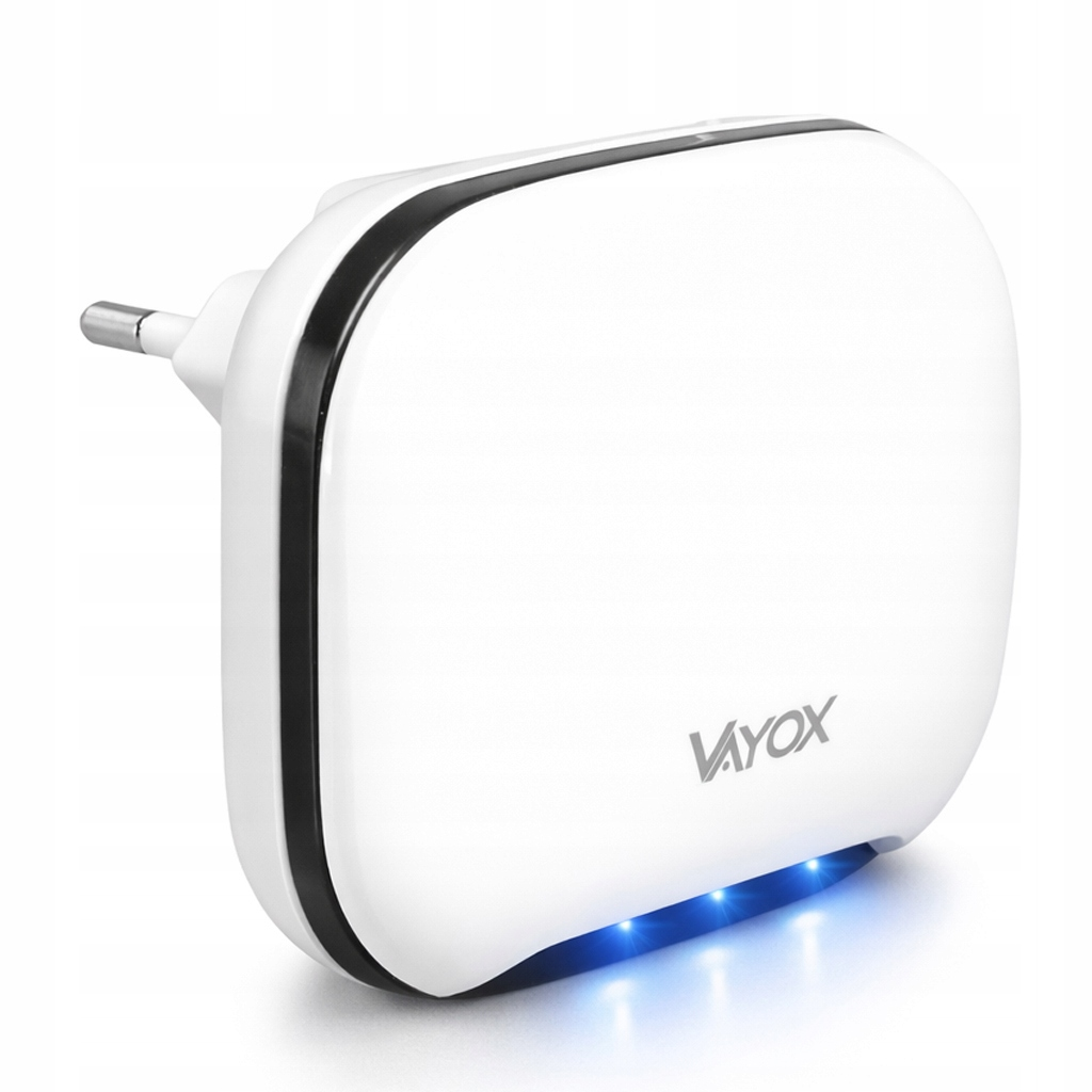 Białe urządzenie Vayox z czarnym paskiem i niebieskimi diodami LED.