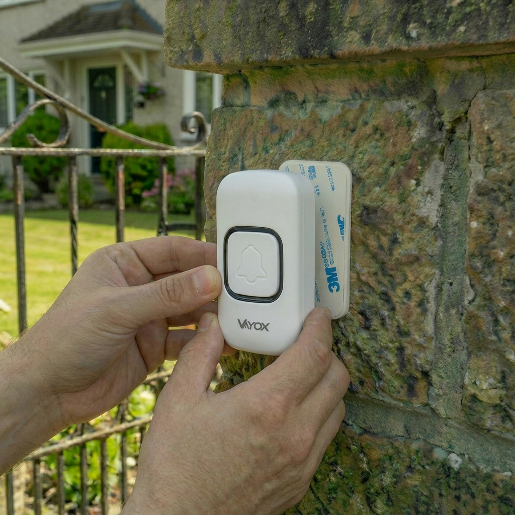 Biały dzwonek z ikoną dzwonka jest mocowany do kamiennego słupa.