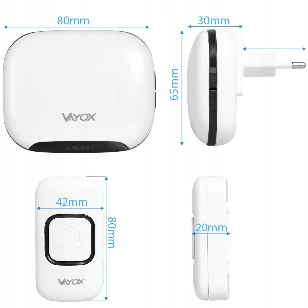 Biała jednostka dzwonka z wymiarami i pasującym nadajnikiem.