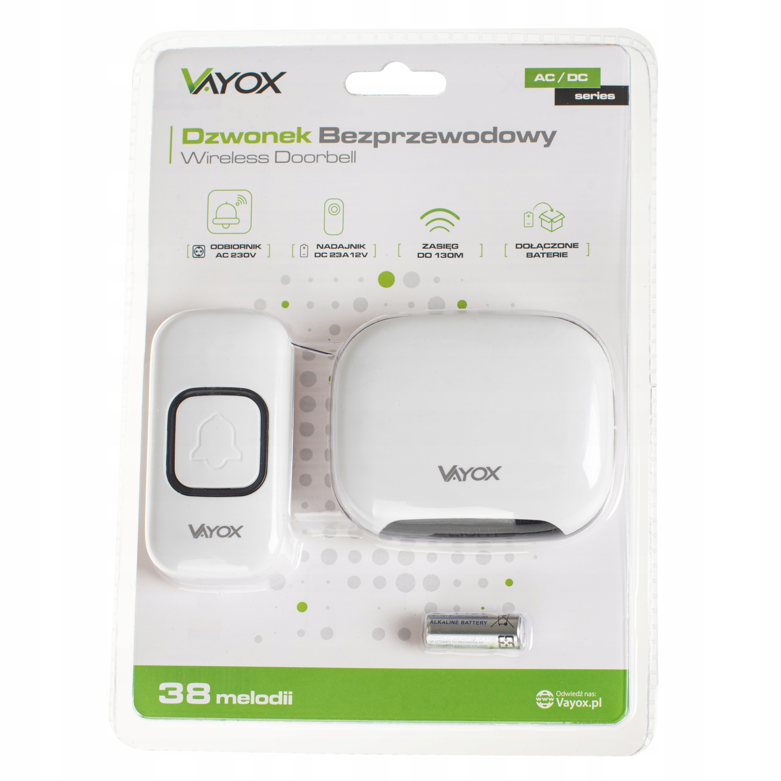 Biały zestaw dzwonka bezprzewodowego z nadajnikiem i odbiornikiem w opakowaniu. Bateria w zestawie.