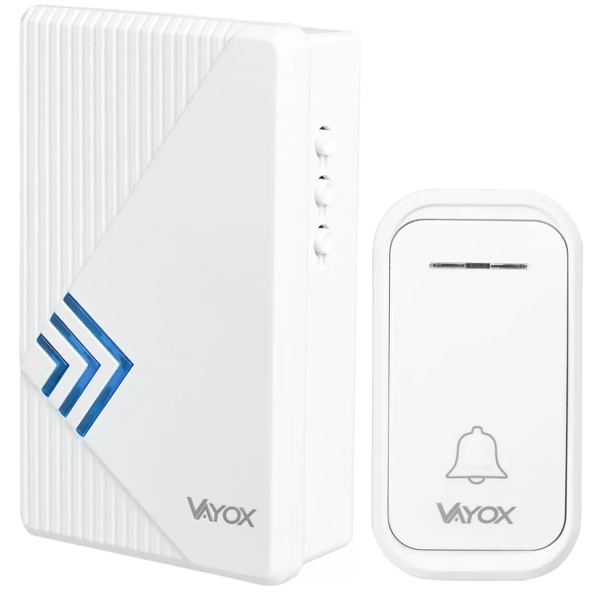 Dwa białe bezprzewodowe dzwonki do drzwi: nadajnik i odbiornik.