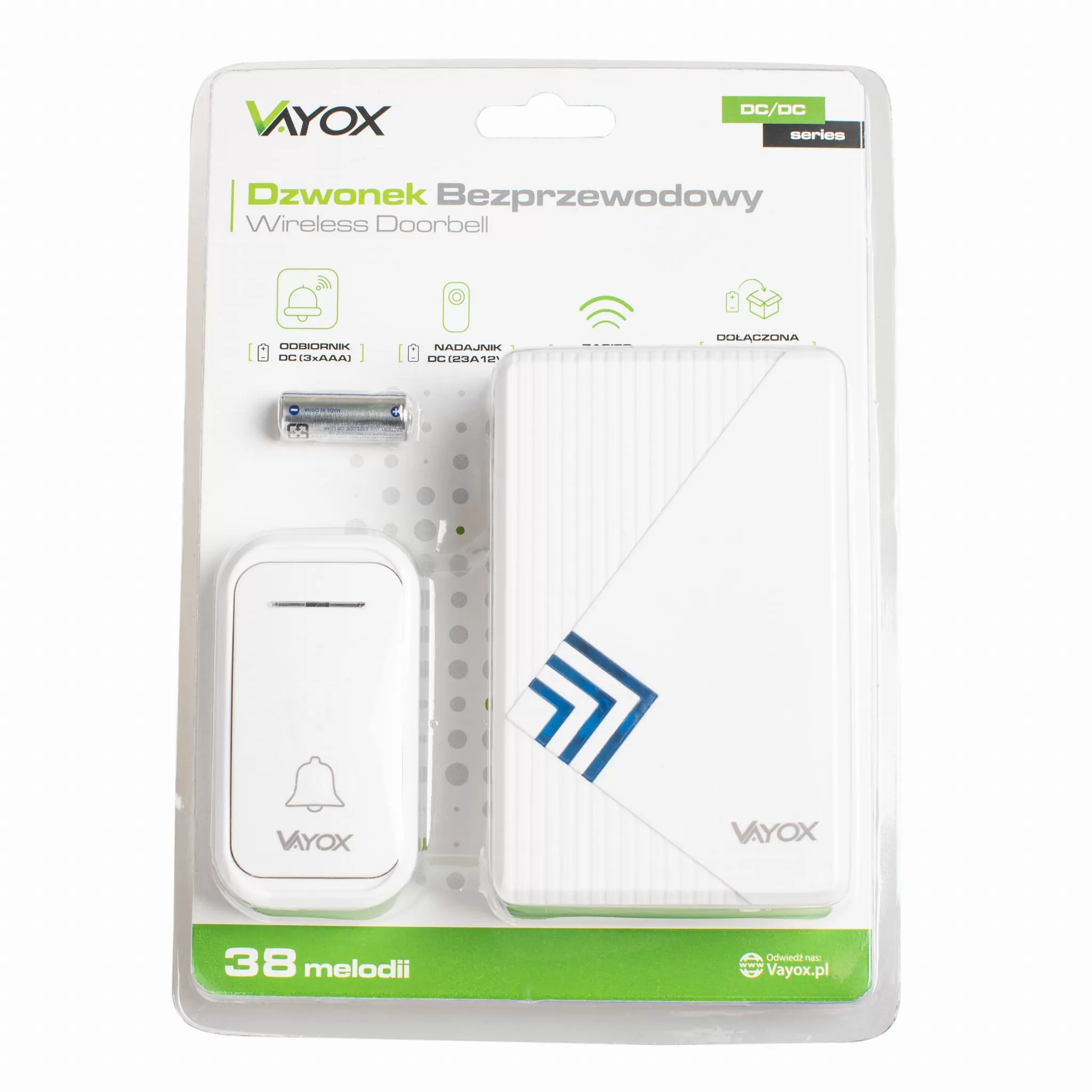 Biały zestaw dzwonka bezprzewodowego Vayox z nadajnikiem, odbiornikiem i bateriami w opakowaniu.