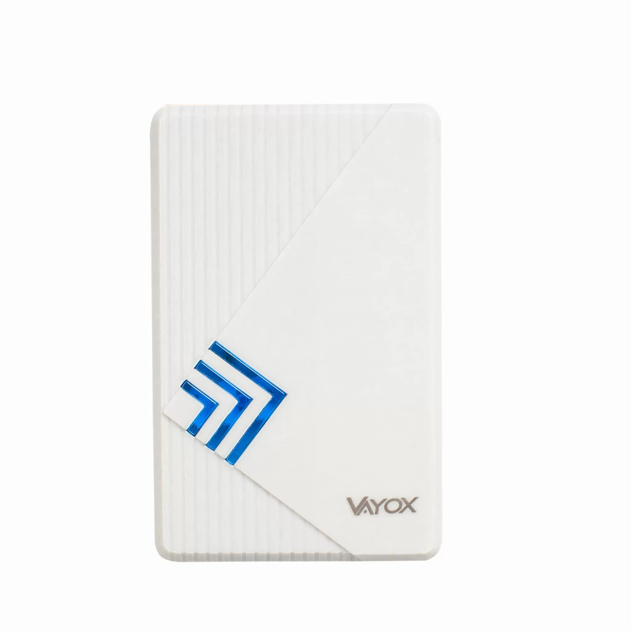 Białe urządzenie z niebieskimi strzałkami i logo "VAYOX".